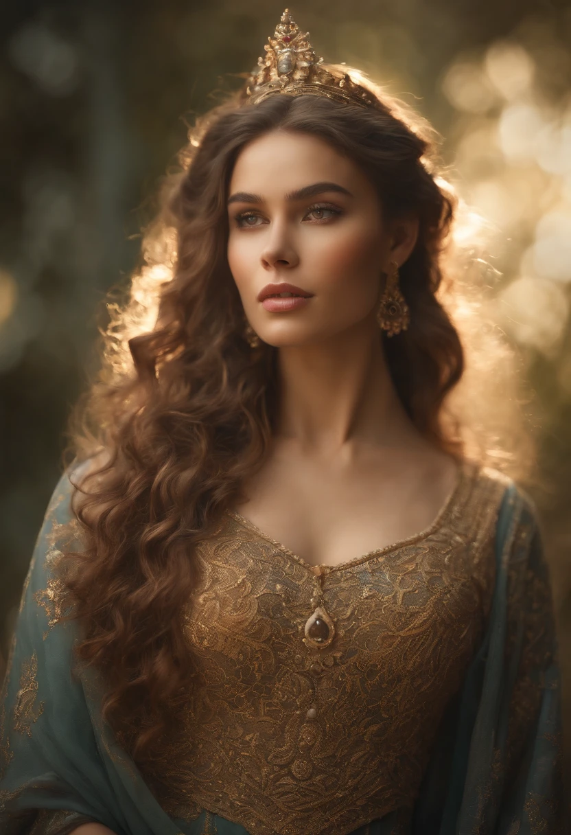 (best quality,4k,8k,highres,masterpiece:1.2),ultra-detailed,(realistic,photorealistic,photo-realistic:1.37),beautiful detailed face,goddess with long flowing hair,breathtakingly beautiful eyes,bright sparkling eyes,perfectly shaped eyebrows,silky smooth skin,radiant complexion,luscious pink lips,graceful and slender neck and shoulders,golden sunlight casting a warm glow,soft and ethereal background,impeccably detailed texture,subtle yet striking color palette,artistic digital painting style,stunning portrait of a goddess, necked