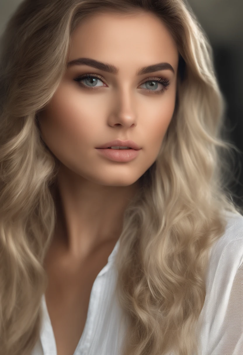 Arafed woman completely , fille sexy aux yeux bleus, ultra realist, Meticulously detailed, Portrait Sophie Mudd, cheveux blonds et grands yeux, selfie of a young woman, Yeux de chambre, Violet Myers, sans maquillage, maquillage naturel, looking straight at camera, Visage avec Artgram, Maquillage subtil, Great photo of the whole body kneeling on the bed, dans la chambre, Medium to large breed mixed bust in one bedroom