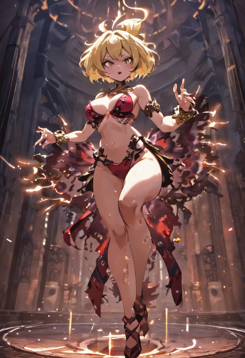 anime, fighting stance, action, dynamic pose, 1woman, mature female, medium breasts, ornate clothes, breastless clothes, , horror \(theme\), (Masterpiece, Best Quality, High Quality, Highres:1.4), Detailed, Extremely Detailed, Ambient Soft Lighting, 4K, silhouette, architecture