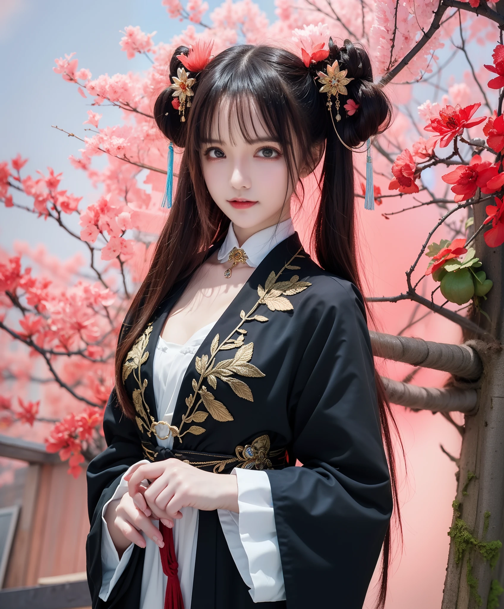 (8k, RAW photo:1.2),best quality, ultra high res,dramatic angle,(fluttered detailed color splashs), (illustration),(((1 girl))),(long hair),(rain:0.9),(hair ornament:1.4),there is an ancient palace beside the girl,chinese clothes,(focus on), color Ink wash painting,(color splashing),colorful splashing,(((colorful))),(sketch:0.8), Masterpiece,best quality, beautifully painted,highly detailed,(denoising:0.6),[splash ink],((ink refraction)), (beautiful detailed sky),moon,highly,detaild,(masterpiece, best quality, extremely detailed CG unity 8k wallpaper,masterpiece, best quality, ultra-detailed),(Lycoris radiata),