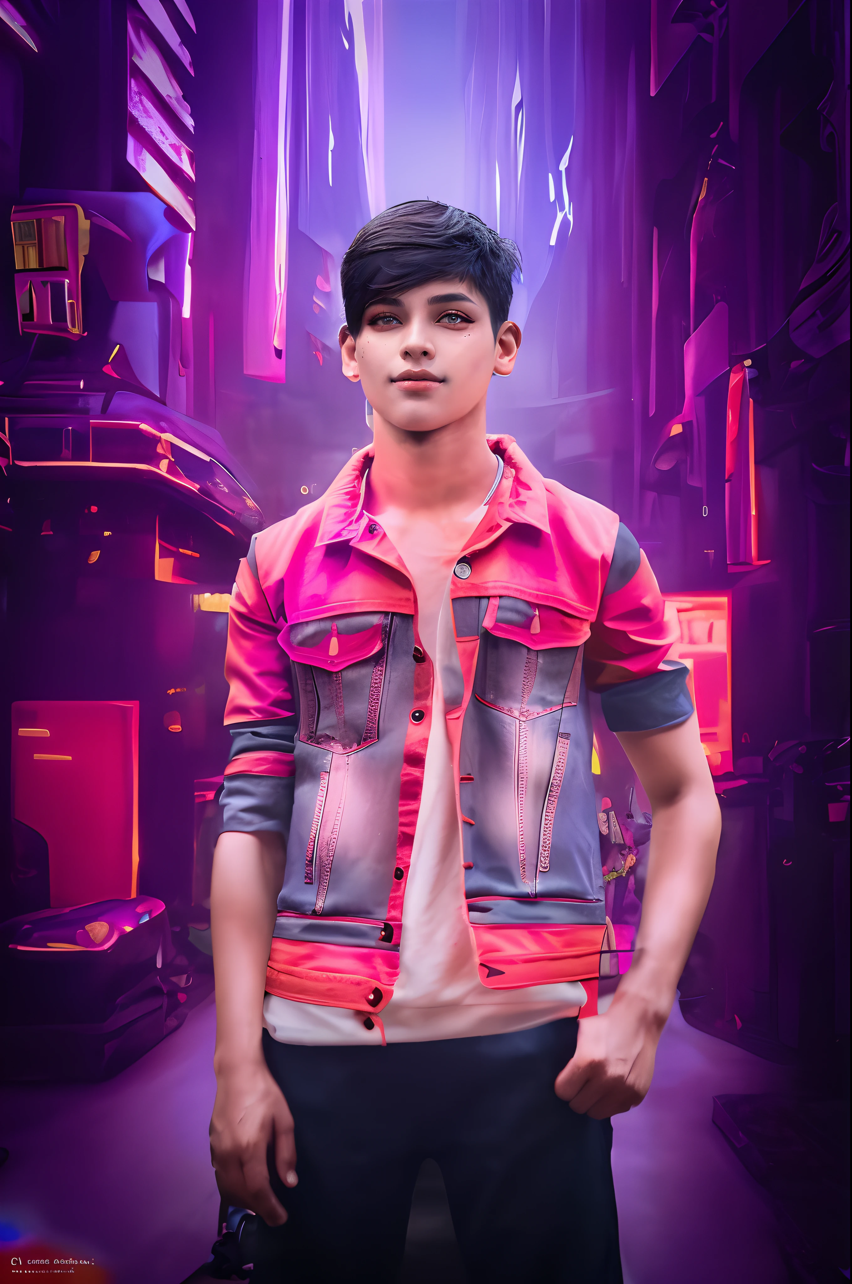 masterpiece, best quality, Confident cyberpunk boy, full body shot, ((standing in front of motorcycle)), Harajuku-inspired pop out, bold colors and patterns, eye-catching accessories, trendy and innovative hairstyle, vibrant makeup, Cyberpunk dazzling cityscape, skyscrapers, neon signs, LED lights, bright and vivid color scheme, anime, illustration, detailed skin texture, detailed cloth texture, beautiful detailed face, intricate details, ultra detailed, change background cyberpunk city
