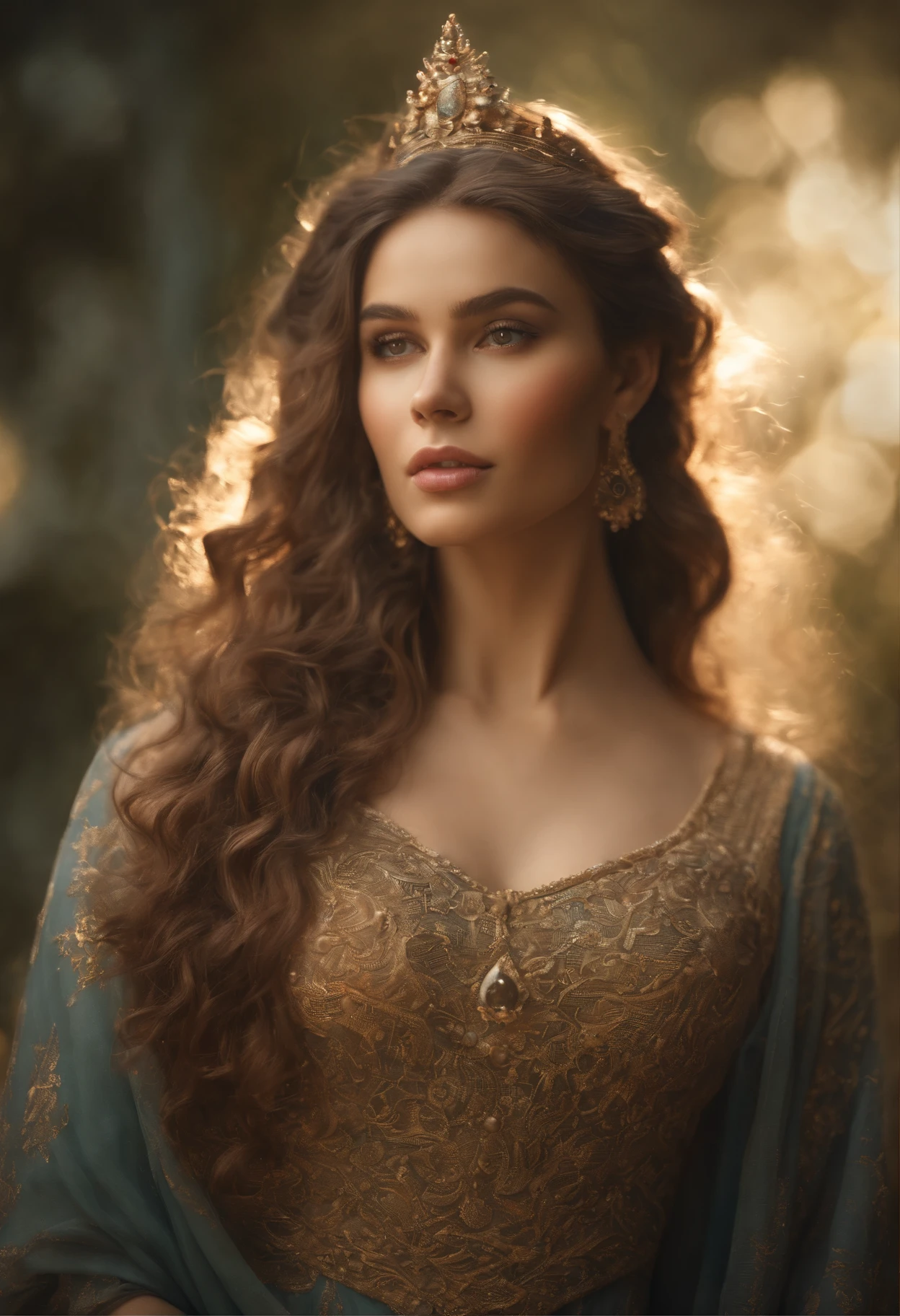 (best quality,4k,8k,highres,masterpiece:1.2),ultra-detailed,(realistic,photorealistic,photo-realistic:1.37),beautiful detailed face,goddess with long flowing hair,breathtakingly beautiful eyes,bright sparkling eyes,perfectly shaped eyebrows,silky smooth skin,radiant complexion,luscious pink lips,graceful and slender neck and shoulders,golden sunlight casting a warm glow,soft and ethereal background,impeccably detailed texture,subtle yet striking color palette,artistic digital painting style,stunning portrait of a goddess, necked