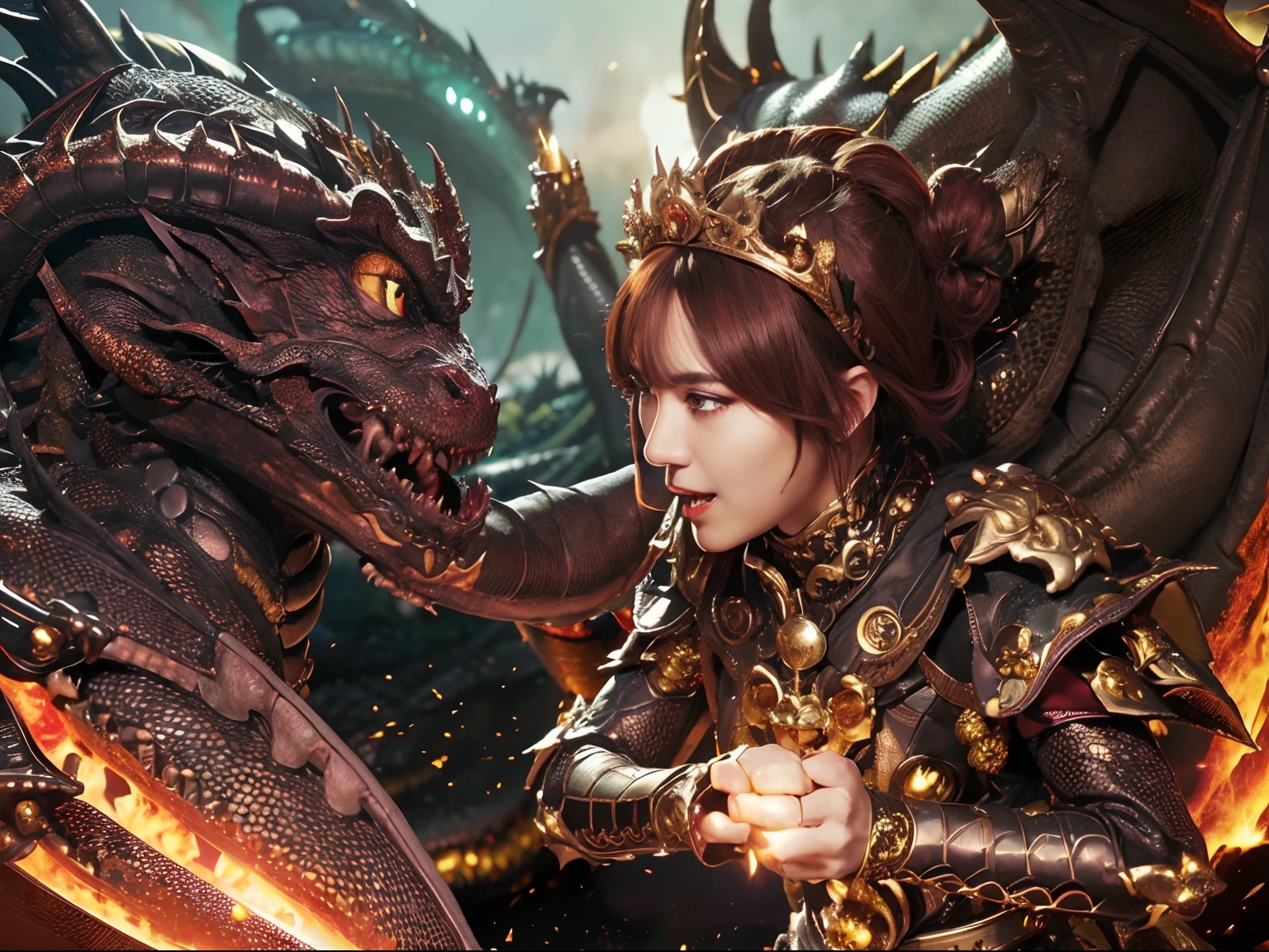 (The Ultimate Beauty Face), Professional , masterpiece、top-quality、photos realistic , depth of fields (Gemstone Black Metal Body:1.4),(Matte Black、(cleavage of the breast)、Dragon Gold Weapon,Mystical expression、Particles of light、((((Fight dragons)))、(a beauty girl)、(Dragon Metal Body:1.4),Gorgeous Silver Weapons ,(( Dragon's dense and gorgeous sword)) , Beautiful knife ,warhammer 40k , adepta sororitas,Detail and gorgeous crown、((Red hair))、(Castle background)、、((Gangle's forest background))、Beautiful Caucasian beauty、1a person、dynamic ungle,(((Detailed and ornate Black Devil Crown)))、Smaller head、A smile、Castle background、Thin and beautiful female hands、cleavage of the breast、Soldier in iron armor on background、Mystical expression、Light Effects、intense fighting、Wind-effect、magic circles、With the legendary magic wand、(demonic wings)、