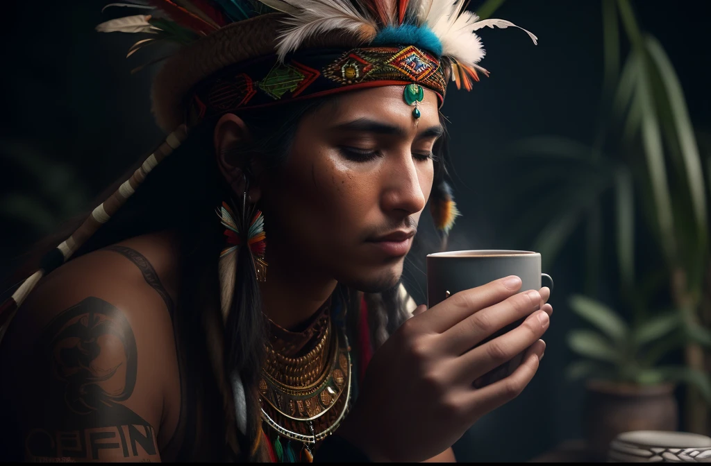a man with a feather headdress and a cup of coffee, ayahuasca shaman, indigenous man, ayahuasca ceremony, Nativo americano, : native american shamen fantasy, ayahuasca, the ayahuasca spirit, tribo antiga, xamanismo, Guerreiro nativo americano, Indian warrior, Um guerreiro nativo americano, usando uma gargantilha nativa americana luz frontal suave, brilho, HDR, (cores suaves: 1.2) hiperealista,realista, Realismo, renderizado, Alto contraste, digital art photographyrealistic trend in Artstation 8k HD high definition detailed realistic, detalhado, textura da pele, hiper detalhado, textura de pele realista, armadura, melhor qualidade, ultra high-resolution, (fotografiarrealista: 1.4), alta resolução, detalhado, Calado bruto, sharp re, por lee jeffries Nikon D850 Filme Fotografia de Stock 4 Kodak Portra 400 Lente F1.6 Rich Colors Realistic Texture Dramatic Texture Dramatic Lighting Irrealengine Trend on Artstation Cinestill 800