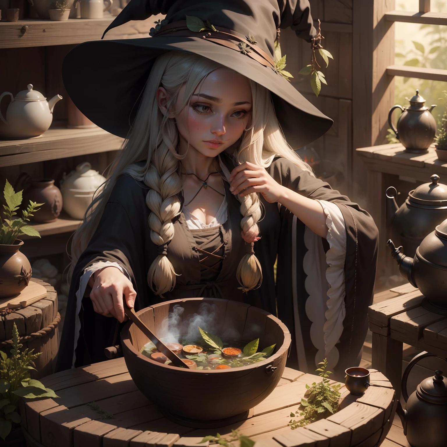Long-haired witch creating herbal potion in a cauldron