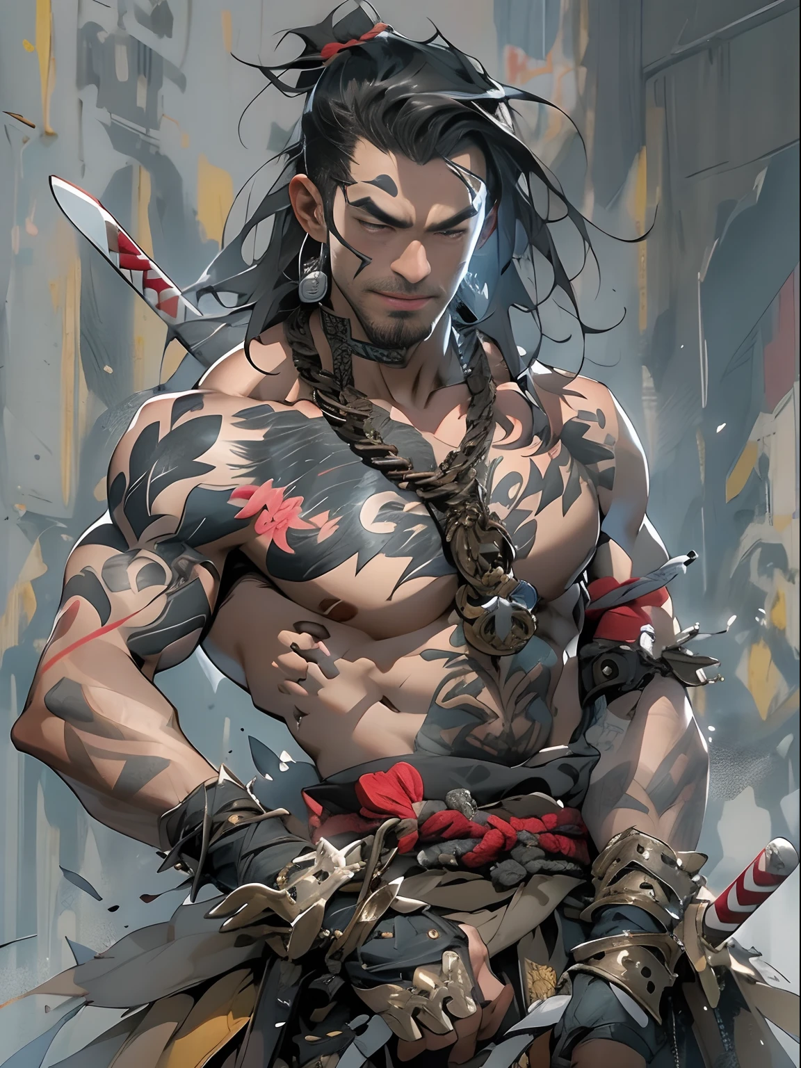 (((mtu))), (((best qualityer))), (((tmasterpiece))), (((AS-Adult))), ((( Japanese ))), Look up from your knees, Handsome Asian samurai,perfect body figure, Modern samurai, ((( Asian))), Wear gloves on your hands,The left arm is made of steel and metal tips,Made of protective devices, The eyes are pulled, (( Appears below the chest )), (( Small dental floss )), Simon Bisley, Almost naked(Simon Bisley)Castle City Wilderness,For high-resolution posters, hair straight, Minimum clothing, armure (Crazy clothes ), Full of tips and rivets, tribal tattoos, (((full bodyesbian))), Straight brunette hair,Colored hair ends