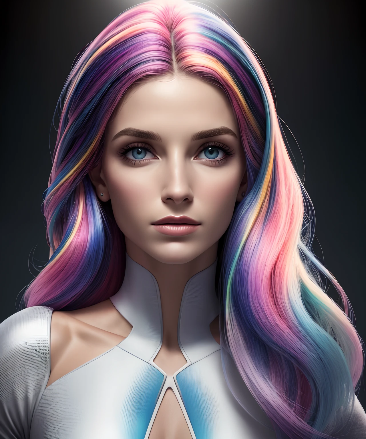 perfil de frente, cabelo branco, roupa leve, volumeric lighting, futurista, olhos multicoloridos, olhos detalhados, hiper detalhados, altamente detalhados, linda, pequenos detalhes, ultra detalhado, melhor qualidade, intrincado, hiper-realismo, clear, digital illustation, detalhado, realismo, intrincado, 4k, 8k, Trends in the Arts Station, boa anatomia, beautiful lighting, premiado, fotorrealista, sombras realistas, realistic lighting, beautiful lighting, raytracing, detalhes intrincados, mal-humorado, thirds rule, obra-prima, (illustration: 1.1), alta resolução, (CG extremamente detalhado, unidade, papel de parede 8k: 1.1), rosto bonito, rosto altamente detalhado, ultra realista, obra-prima , bokeh, extremamente detalhado, intrincado, zoomout, colorido, cores vibrantes,