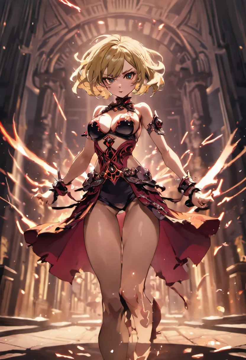 anime, fighting stance, action, dynamic pose, beautiful woman, medium breasts, ornate clothes, breastless clothes, , horror \(theme\), (Masterpiece, Best Quality, High Quality, Highres:1.4), Detailed, Extremely Detailed, Ambient Soft Lighting, 4K, silhouette, architecture