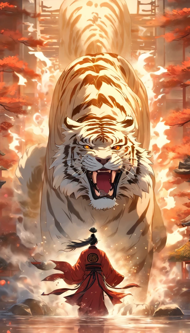 China-style，中景 the scene is，The Taoist priest stood in front of the huge roaring white tiger，Stretch your hands，Long messy hair，Glow effects，Hyper-realistic，Ultra photo realsisim，Chinese black and white ink style，Silver，Decolorization，Smudge，ink，8K，super-fine，high qulity，OC renderer