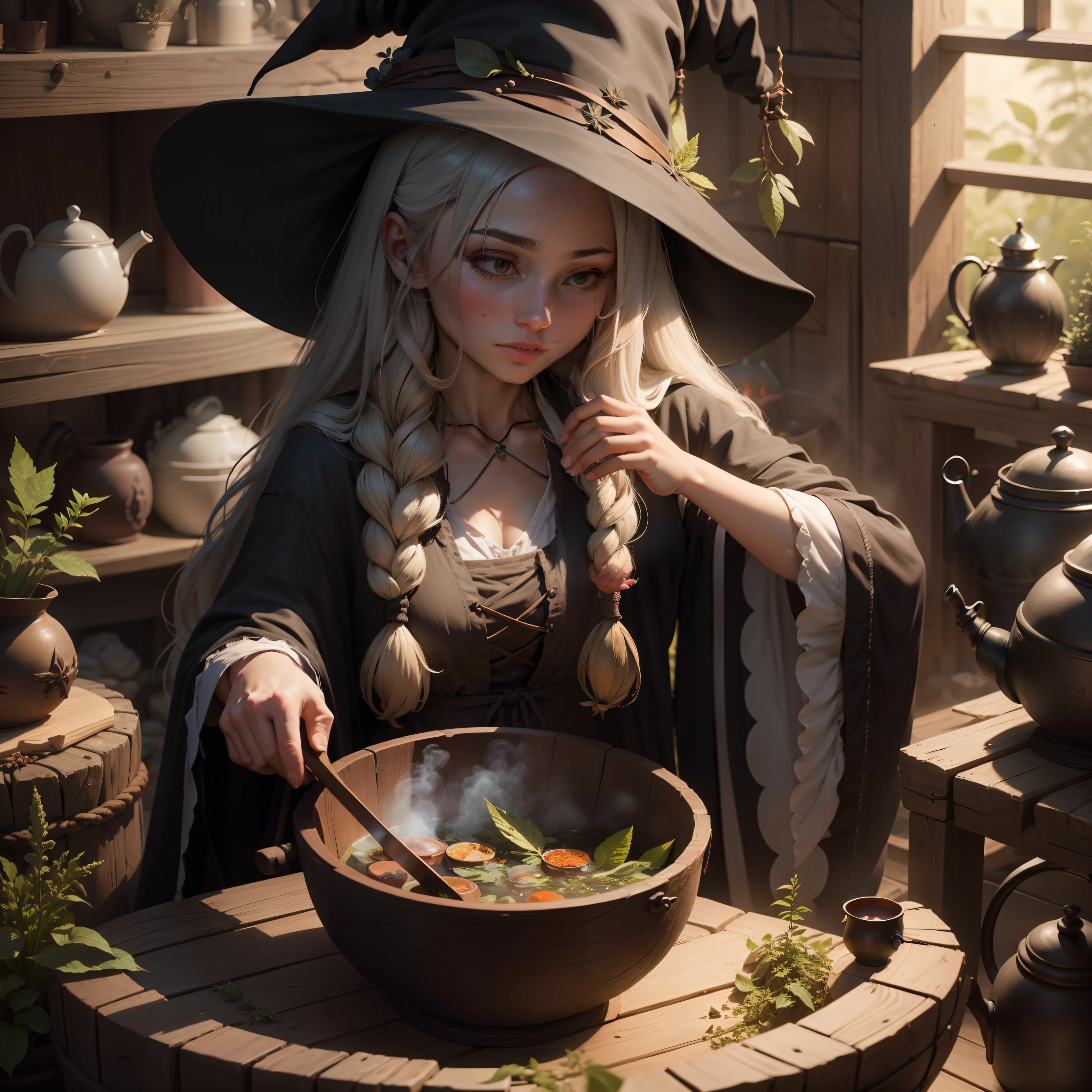 Long-haired witch creating herbal potion in a cauldron