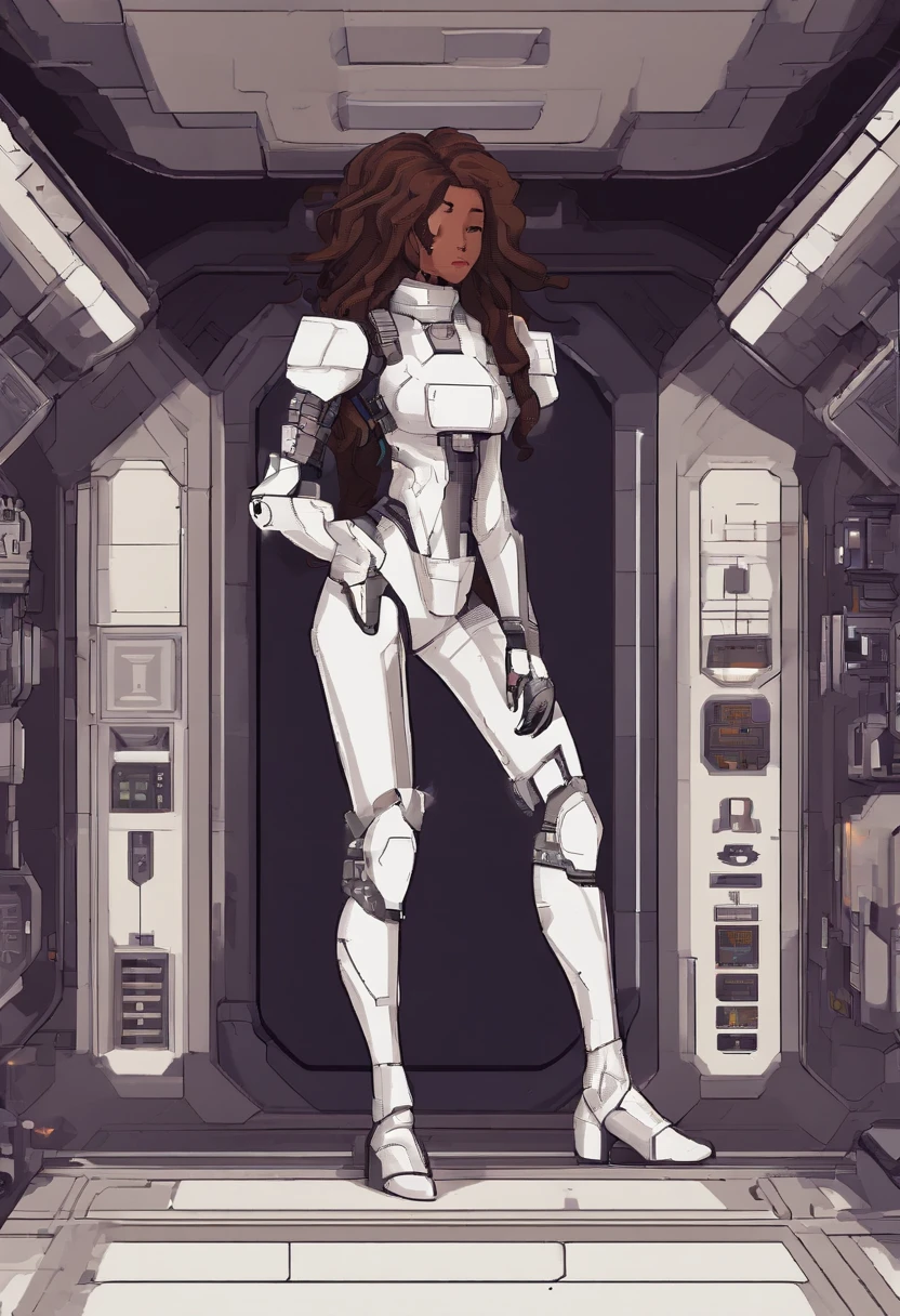 4k master piece, high detail, brown haired girl with brown skin, wearing a white sci-fi cyberpunk full body suit, sleeping in a sci-fi cryo-pod