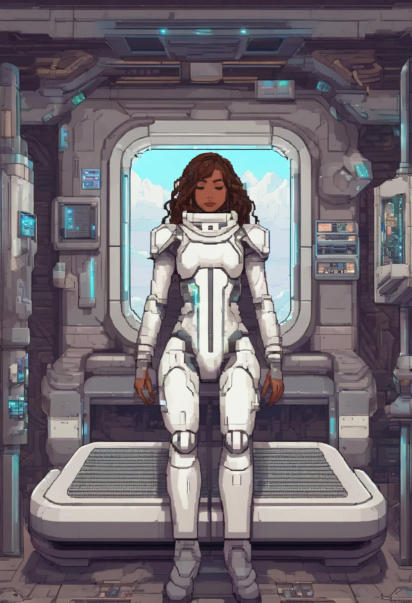 4k master piece, high detail, brown haired girl with brown skin, wearing a white sci-fi cyberpunk full body suit, sleeping in a sci-fi cryo-pod