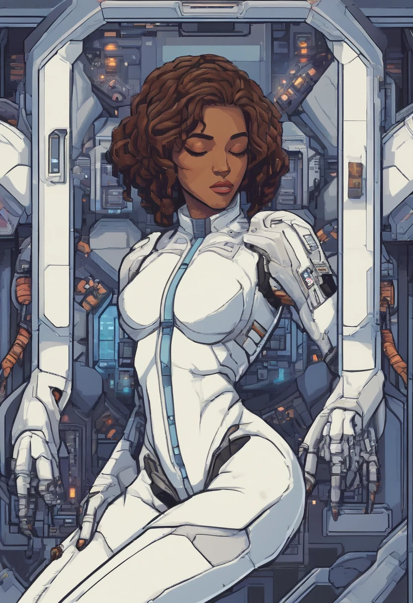4k master piece, high detail, brown haired girl with brown skin, wearing a white sci-fi cyberpunk full body suit, sleeping in a sci-fi cryo-pod