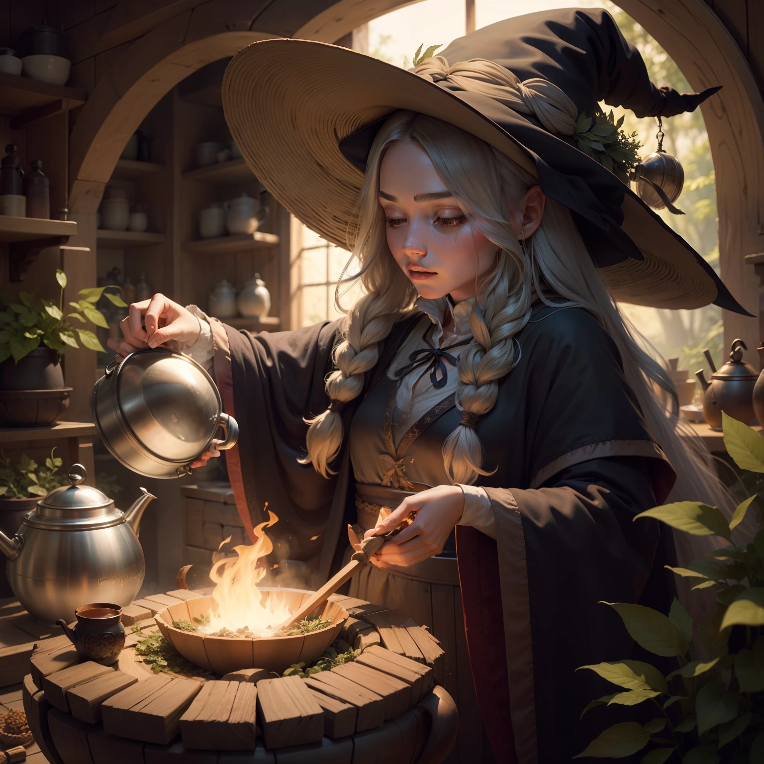 Long-haired witch creating herbal potion in a cauldron
