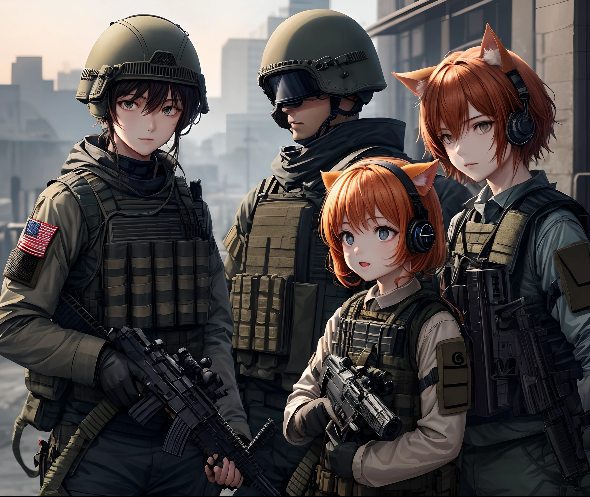 Shota，Fury，Orange hair，Orange cat ears，tactical vest，Light body armor，Army clothes，Tactical headsets，Bulletproof helmet，military