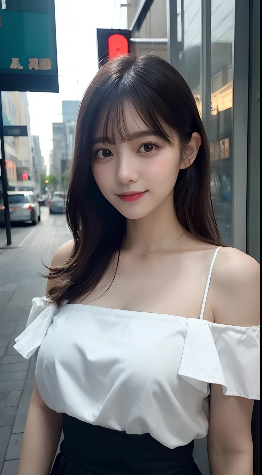 randome pose, mix4, (8K, Raw photography, top-quality, ​masterpiece: 1.45), (realisitic, Photorealsitic: 1.37), one girls, cute little, A smile、Cityscape, natta, profetional lighting, cafes,Street,photon maping, Radio City, physically-based renderingt, Gradient black hair, white  hair, Semi-long loose hair,gals,a handsome, girl with, large full breasts,off shoulders, Tight clothes,Onepiece,Tight skirt,top quality photo, hight resolution, 1080p, (clearface), (Detailed face description), (Detailed hand description), (​masterpiece), realisticlying, extreme light and shadows, dishevled hair, ​masterpiece, lush detail, (Fine facial features), (Highest Quality Photos), (​masterpiece), (finely eye), dual、Look in front of you, Fine clavicle,Emphasis on the armpits、Show lower milk