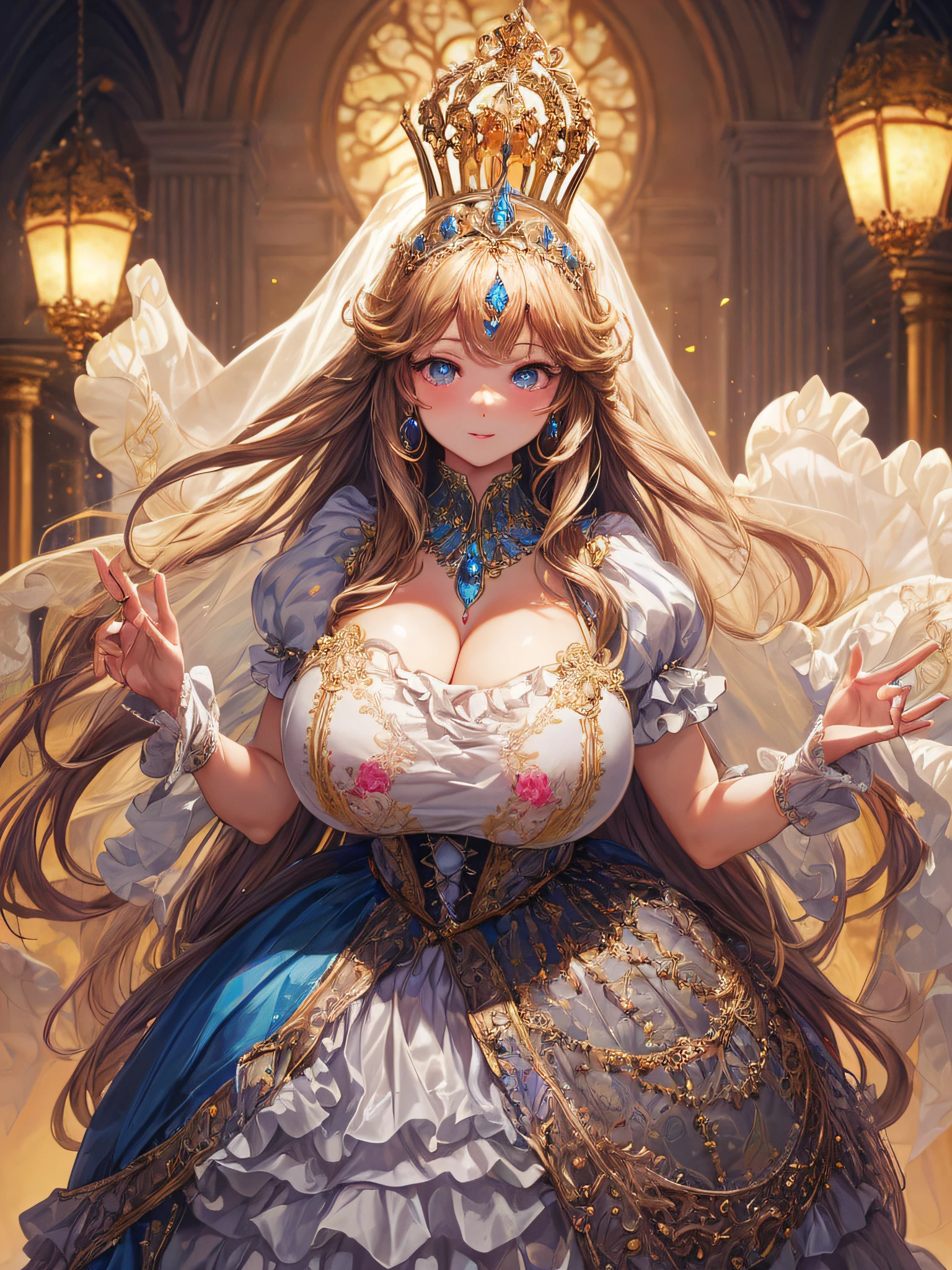 ((Anime Art Style)),(masutepiece),(Best Quality), (Super Detail),(Highly detailed CG Unity 8k wallpaper),((Very delicate and beautiful)),((Full body portrait)),((Stand in the garden)),((Solo)),(((One princess in a very gorgeous rococo princess ball gown adorned with gorgeous embroidery and jewels and a voluminous full-length hoop skirt ))),(((Crinoline Hoop Skirt))),Long Train,((Gorgeous embroidery and jewelry)),voluminous ruffles,(((very very gigantic boobs,Skindentation))),cleavage,((Very long straight hair,Very voluminous straight long hair,Very long straight hair)),(finely detailed face and eyes),((Seductive smile,embarrassed)),Beautiful eyes like jewels,Very gorgeous hair ornament,(A very gorgeous tiara adorned with sparkly jewels),((Glitter Gorgeous Gemstone Jewelry)),Gorgeous Long Veil,(Opera Globe),(Beautiful background),(Full body),((Gorgeous rococo princess ball gown with gorgeous embroidery and jewels and voluminous full-length hoop skirt))