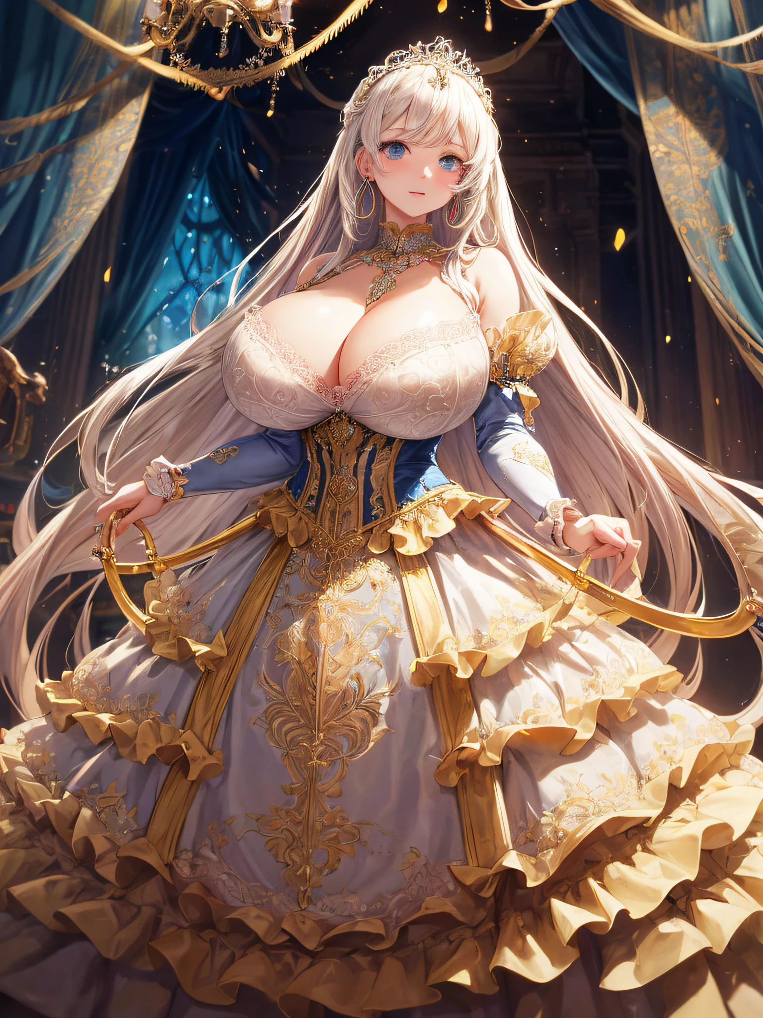 (masterpiece, best quality,extremely detailed:1.1),(moe anime art style:1.2),1girl,((full body,focus face)),((solo)), cute, kawaii,digital art,((1 gorgeous anime princess wearing beautiful embroidery and jeweled gorgeous princess rococo ballgown with voluminous full length hoop skirt)),((crinoline)),long train,voluminous frills,(gorgeous embroidery and beautiful lace),((very gigantic boobs,skindentation)),cleavage,shiny hair,(((very long hair,large amount of straight hair))),((finely detailed face and eyes)),clear pupil,extremely gorgeousfull hair ornament,(bling-bling jeweled extremely gorgeousfull tiara),(bling-bling gorgeous gemstone jewelry),long veil,beautiful background,fantasy background,flowers,flower petals flowing,full body,((beautiful embroidery and jeweled ruffled gorgeous princess rococo ballgown with voluminous full length hoop skirt))