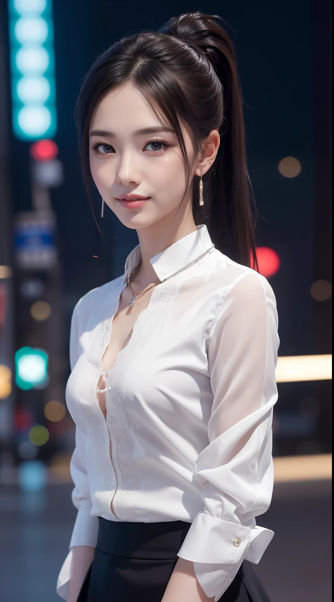 8k, masterpiece, RAW photo, best quality, photorealistic, extremely detailed CG unity 8k wallpaper, Depth of field, Cinematic Light, Lens Flare, Ray tracing, (extremely beautiful face, beautiful lips, beautiful eyes), intricate detail face, ((ultra detailed skin)) 1girl, in the dark, deep shadow, pretty korean girl, kpop idol,(very slim slender fit-muscled body), ((looking at viewer)),(big smile), city night, (neon sign), (blurry background), midnight, (vacant city), (without people in the background), pretty asian girl, earrings, bracelets, necklace, clear eyes, shot, (pale skin), face forward, (big eyes), ((close up shot)), (ponytail) (looking at viewer), medium breasts,((smile)), ((laced top)), ( very slim), (silk shirts), (silk skirt)