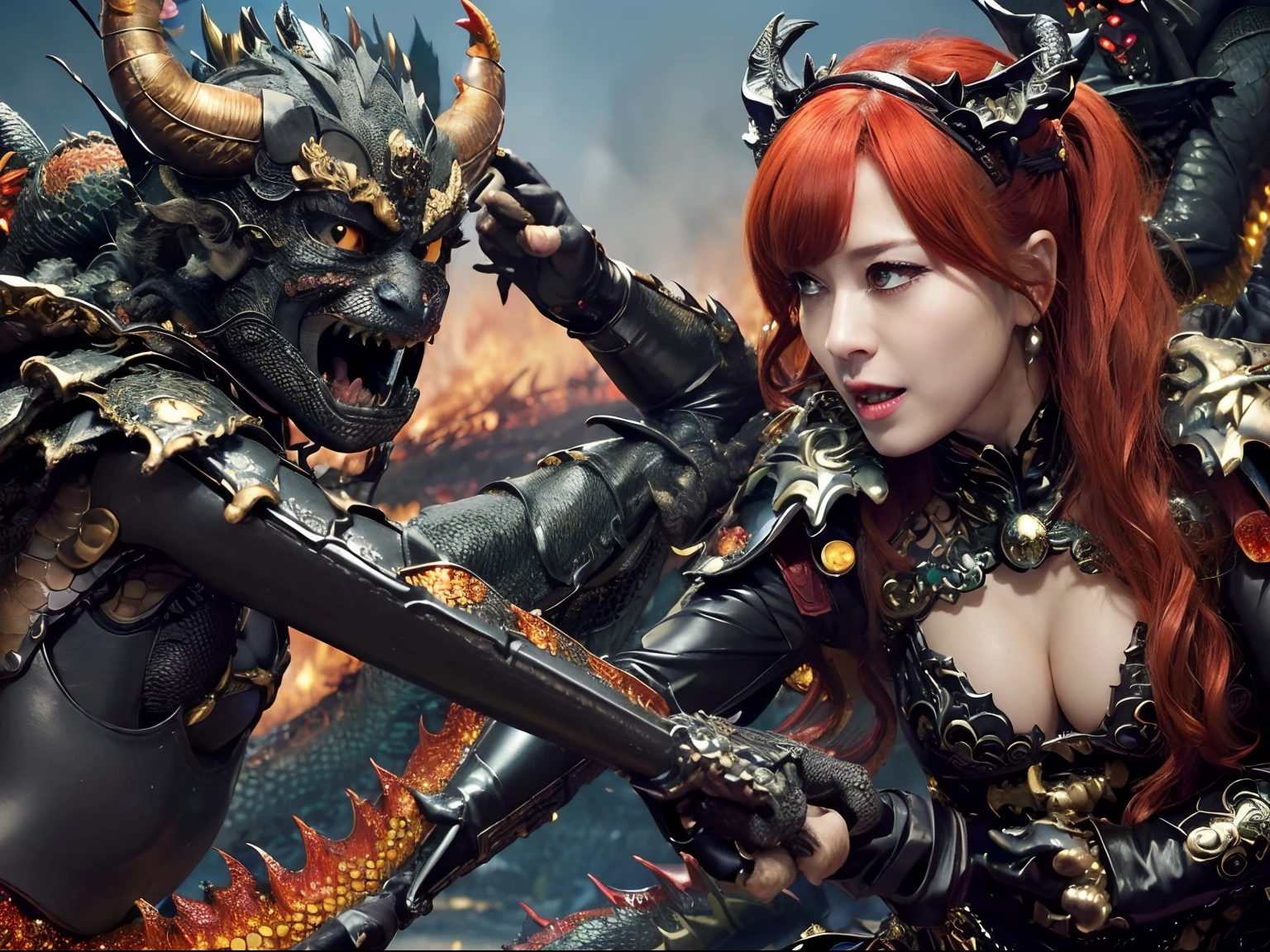 (The Ultimate Beauty Face), Professional , masterpiece、top-quality、photos realistic , depth of fields (Gemstone Black Metal Body:1.4),(Matte Black、(cleavage of the breast)、Dragon Gold Weapon,Mystical expression、Particles of light、((((Fight dragons)))、(a beauty girl)、(Dragon Metal Body:1.4),Gorgeous Silver Weapons ,(( Dragon's dense and gorgeous sword)) , Beautiful knife ,warhammer 40k , adepta sororitas,Detail and gorgeous crown、((Red hair))、(Castle background)、、((Gangle's forest background))、Beautiful Caucasian beauty、1a person、dynamic ungle,(((Detailed and ornate Black Devil Crown)))、Smaller head、A smile、Castle background、Thin and beautiful female hands、cleavage of the breast、Soldier in iron armor on background、Mystical expression、Light Effects、intense fighting、Wind-effect、magic circles、With the legendary magic wand、(demonic wings)、