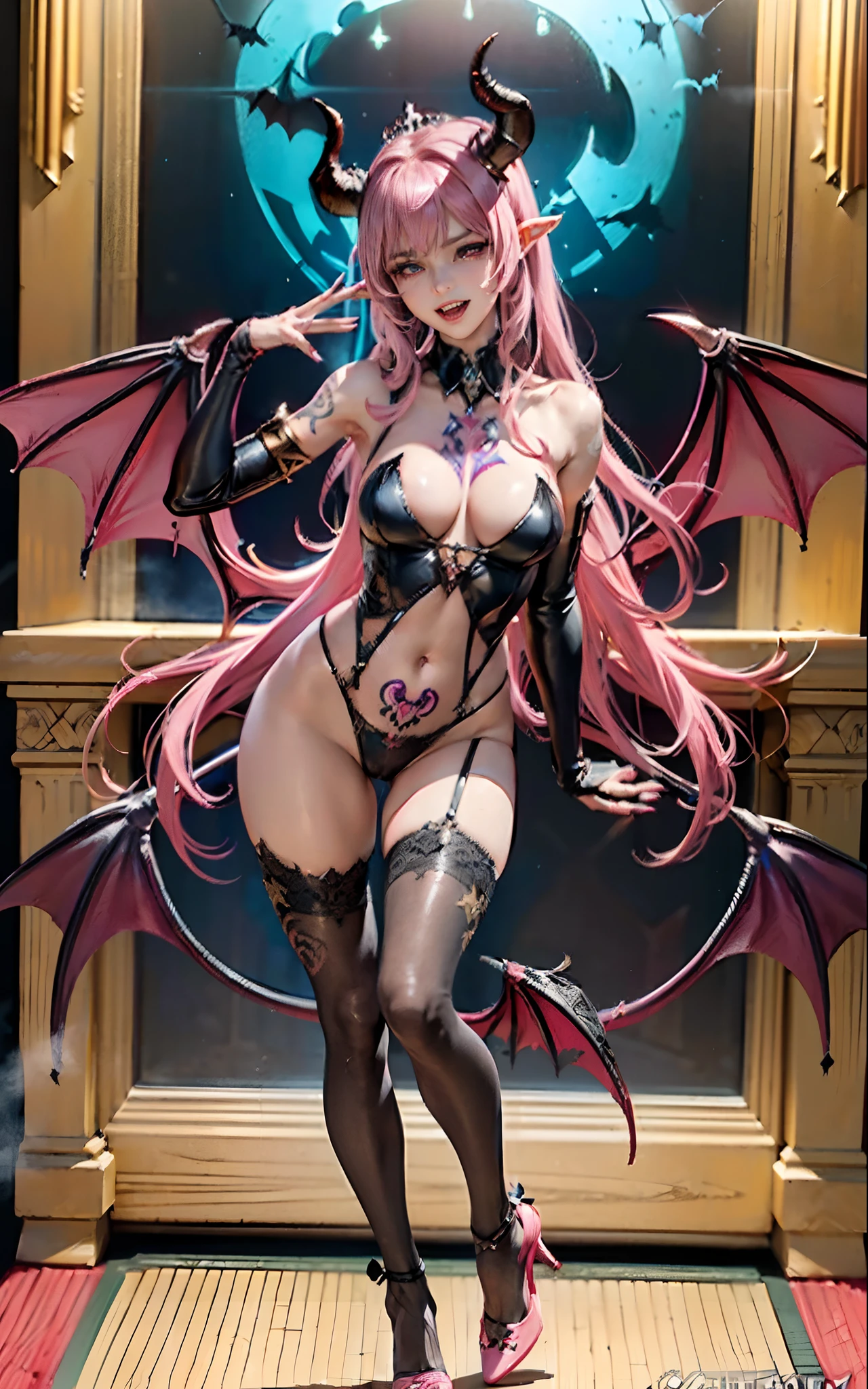 best quality, masterpiece,ultra detailed, official art,(extremely detailed CG unity 8k
wallpaper), (masterpiece), best quality, illustration, (powerful), art oflight, artist style, beautiful detailed star sky,(((bat print black kneehighs ))), (cygames:1.4), (dark flame:1.3), Japanese light novel cover, grand scene, dark bodysuit,((fullbody)),((succubus tail)),
(beautiful detailedgirl), (((solo))),(((full body))),wet skin, (((demon queen))),
metal, complex pattern, beautiful detailed hair,red luminous eyes, longeyelashes,
((constricted pupils)),pointy ears, slit pupils,silver long hair,beautiful collarbone , (purple tattoo), (tattoo on leg), tattoo on arm, luminous gem on chest,(demon heart tail),demon fang, pointy ears,
((purple long fingernails)),(bat decorate soft armor), ((bat decorate high heels)),giant bat wings,(fingerless_gloves), bat print black garter belt, (elbow_gloves),fang out, a group of
bats, ((endured_face, open mouth, seductive smile, )),lingerie,
bat decorateanklet,bat decorate body,(presenting foot), (luminous tattoo),(queen),useing magical, (beautiful detalied hands), nfsw, (((pink steam from full body ))), ((2legs)) , ((neck biting)),