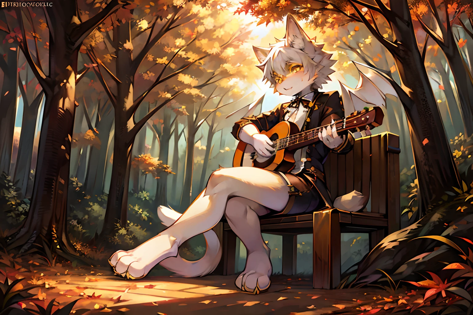 kemono style furry male cat playing guitar in autumn leaves, with white fur and yellow eyes, with small wings, sitting on a bench in a forest in autumn, with legs crossed, bust view upwards, in steampunk clothes, official art , character art, 4k, masterpiece, harmonic composition