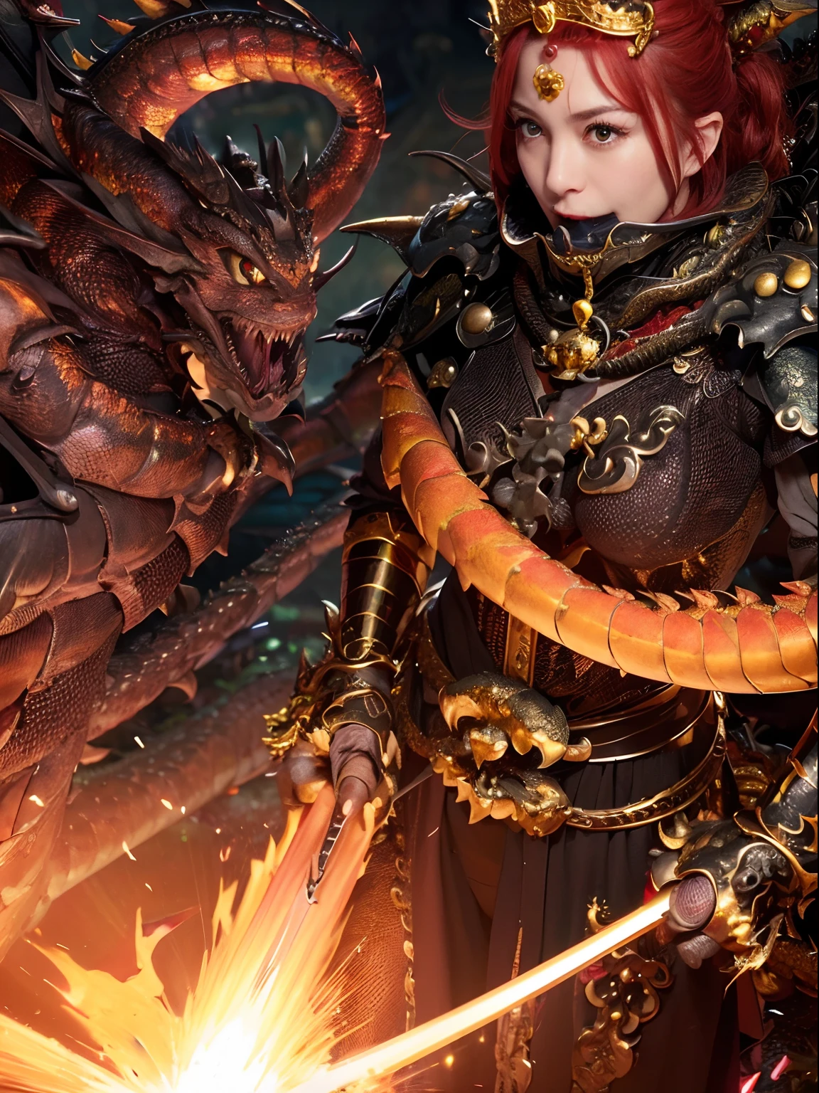 (The Ultimate Beauty Face), Professional , ​masterpiece、top-quality、photos realistic , depth of fields （Gemstone Black Metal Body:1.4),(Matte Black、（cleavage of the breast）、Dragon Gold Weapon,Mystical expression、Particles of light、((((Fight dragons)))、（Dragon Metal Body:1.４),Gorgeous Silver Weapons ,（（ Dragon's dense and gorgeous sword）） , Beautiful knife   ,warhammer 40k , adepta sororitas,Detail and gorgeous crown、（（Red hair））、（Castle background）、、（（Gangle's forest background））、Beautiful Caucasian beauty、１a person、dynamic ungle,(((Detailed and ornate Black Devil Crown)))、Smaller head、A smile、Castle background、Thin and beautiful female hands、cleavage of the breast、Soldier in iron armor on background、Mystical expression、Light Effects、intense fighting、Wind-effect、magic circles、With the legendary magic wand、（demonic wings）、