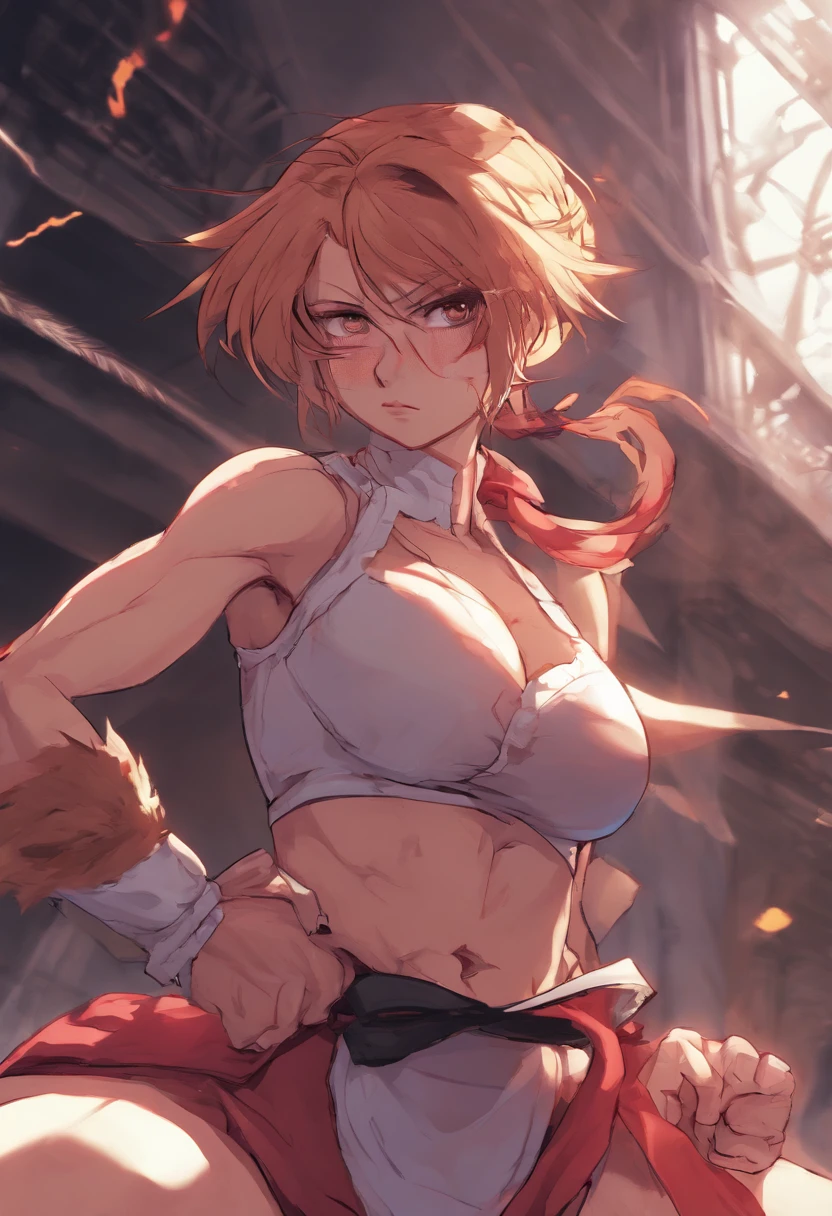 anime, fighting stance, action, dynamic pose, beautiful woman, medium breasts, ornate clothes, breastless clothes, , horror \(theme\), (Masterpiece, Best Quality, High Quality, Highres:1.4), Detailed, Extremely Detailed, Ambient Soft Lighting, 4K, silhouette, architecture