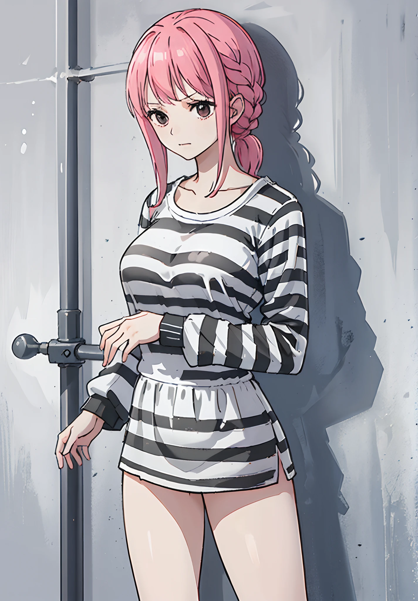 a girl, in prison, in a prison cell, prisoner, detailed fanart, jail, (((priclothes))), (((striped clothes))), shirt, outfit, (long sleeves), prisoner, clothes, clothing, black and white stripes, anime,upper body, arms crossed, no pants, bare legs, long legs