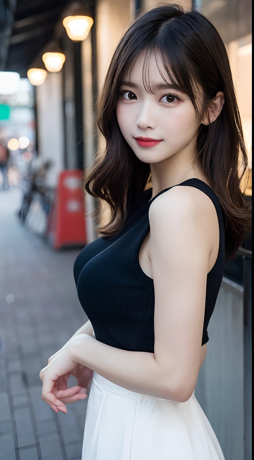 randome pose, mix4, (8K, Raw photography, top-quality, ​masterpiece: 1.45), (realisitic, Photorealsitic: 1.37), one girls, cute little, A smile、Cityscape, natta, profetional lighting, cafes,Street,photon maping, Radio City, physically-based renderingt, Gradient black hair, white  hair, Semi-long loose hair,gals,a handsome, girl with, large full breasts,off shoulders, Tight clothes,Onepiece,Tight skirt,top quality photo, hight resolution, 1080p, (clearface), (Detailed face description), (Detailed hand description), (​masterpiece), realisticlying, extreme light and shadows, dishevled hair, ​masterpiece, lush detail, (Fine facial features), (Highest Quality Photos), (​masterpiece), (finely eye), dual、Look in front of you, Fine clavicle,Emphasis on the armpits、Show lower milk