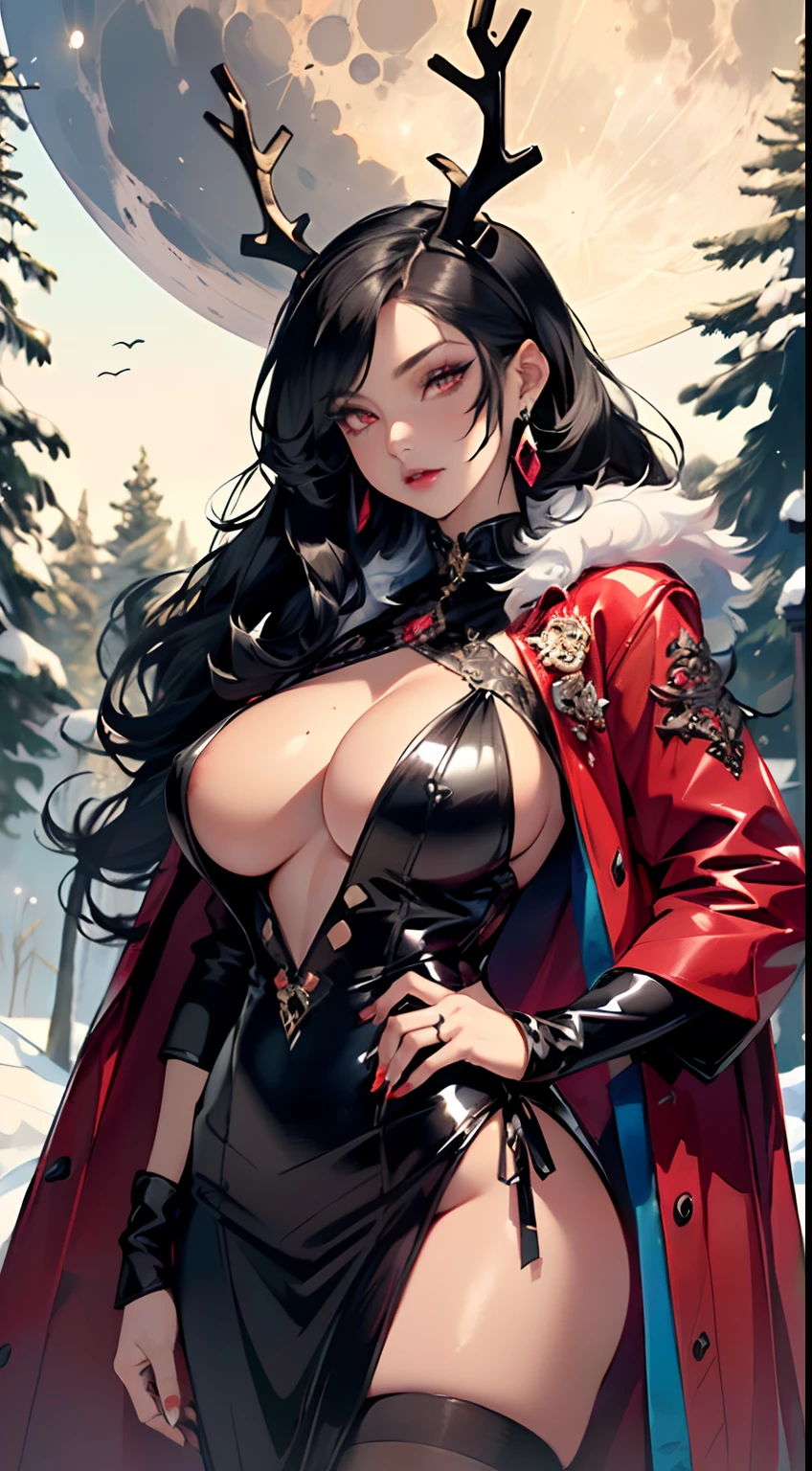 gothic reindeer girl,(((1girl))),((extremely cute and beautiful black haired anime gothic reindeer girl)),

(((anthro furry:1.2), Playboy_Reindeer, reindeer_antlers,(huge antlers:1.2),)),(large breasts:1.4),saggy breasts,((((black straight hair:1.35,absurdly long hair,colored inner hair,ear breathing)))),(((red eyes:1.3))),intricate eyes,beautiful detailed eyes,symmetrical eyes,big eyes:1.5,((fat)),(((lustrous skin:1.5,bright skin: 1.5,skin tanned,shiny skin,very shiny skin,shiny body,plastic glitter skin,exaggerated shiny skin,illuminated skin))),(spider lower abdomen,narrow waist,wide hip,athletic body,inflated legs,delicate detailed fingers,detailed body,detailed arms,human hands,(detailed face)),

cute,slutty,seductive,erotic,(((nsfw))),

zettai ryouiki,revealing clothing,show skin,(((Sexy goth fur coat, goth fur coat outfit, wearing a goth fur coat:1.3,dark red winter coat))),((red goth mini-skirt,red goth mini skirt with furry edge,visible thong straps)),(red gothic clothes,semi-naked,with little goth clothing),((((Black Eyeshadow,Thick Black Eyeliner,Long Dramatic Eyelashes,Black Lips,moon Accessories,moon ornaments)))),((moons on her clothes)),(((intricate outfit,intricate clothes,embroidered outfit,ornate outfit))),

(dynamic pose:1.0),embarrassed,(centered,scale to fit dimensions,Rule of thirds),

((snowy pine forest at night)), with dark stormy clouds,winter,scenery:1.25,((snow forest background)),Christmas tree,

highres,sharp focus,(ultra detailed,extremely detailed),(photorealistic artwork:1.37),(extremely detailed CG unity 8k wallpaper),(((vibrant colors,vibrant theme))),(intricate),(masterpiece),(best quality),