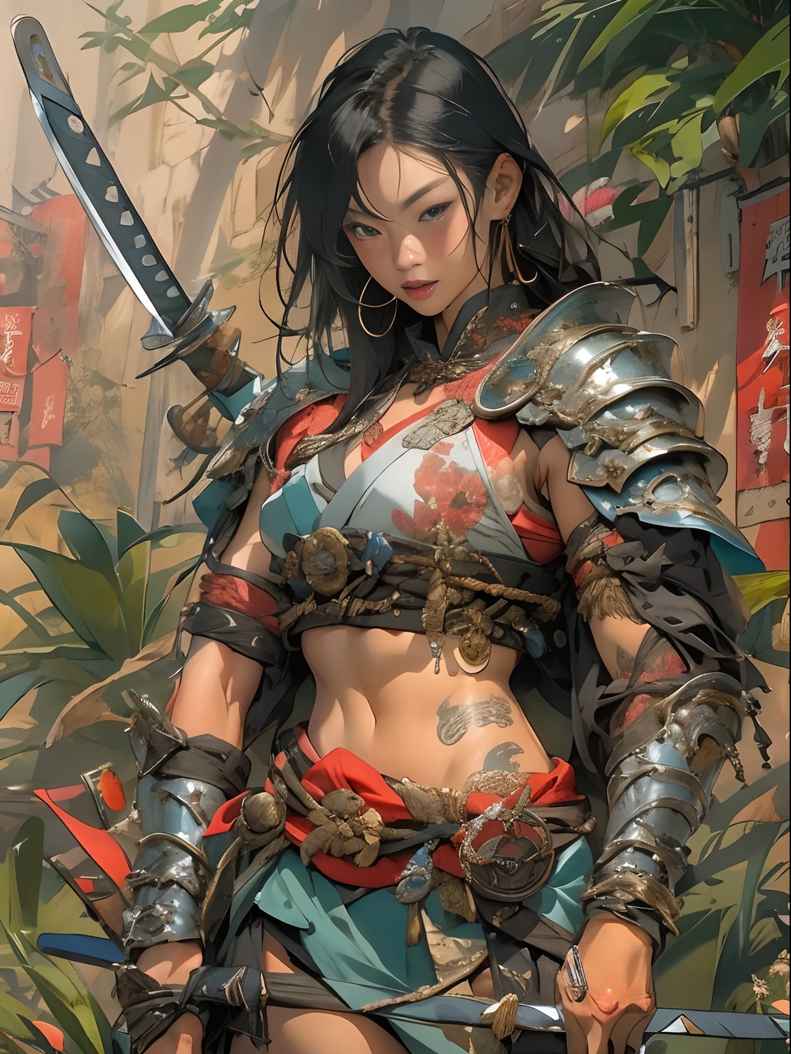 (((woman))), (((best qualityer))), (((tmasterpiece))), (((AS-Adult))), ((( Japanese ))), Look up from your knees, A beautiful asian samurai woman with perfect body, Modern samurai, ((( Asian))), Wear gloves on your hands,The left arm is made of steel and metal tips,Made of protective devices, The eyes are pulled, (( Appears below the breast )), (( Small dental floss )), Simon Bisley, Almost naked(Simon Bisley)Castle City Wilderness,For high-resolution posters, hair straight, Minimum clothing, armure (Crazy clothes ), Full of tips and rivets, tribal tattoos, (((full bodyesbian))), Straight brunette hair,Colored hair ends