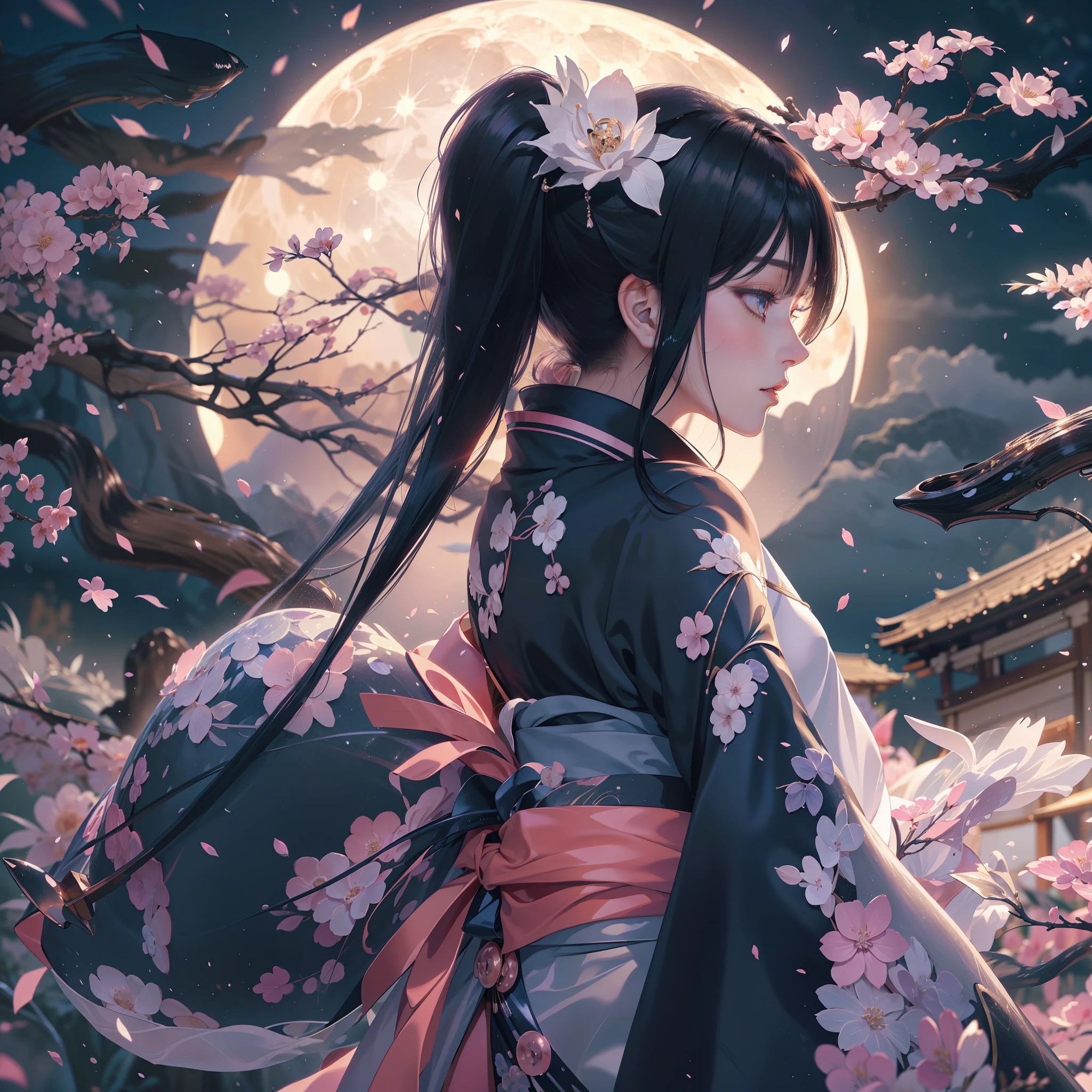 profile、moon in background、poneyTail、Woman with shiny black hair、Gorgeous kimono、Depict a beautiful and graceful woman of Japan。Heart in the eye。full bodyesbian。 Beautiful anime art wallpaper 8k, beautiful fantasy anime, Beautiful anime, Detailed anime artwork.Blur the background Hold a sickle