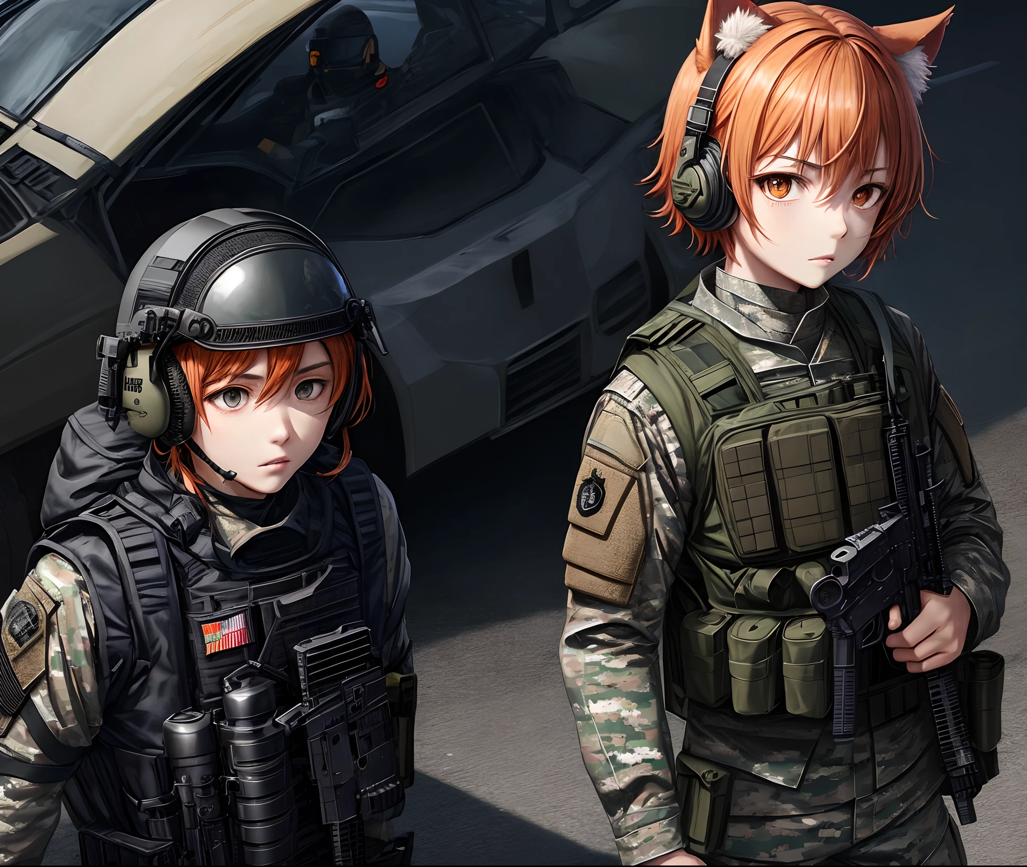 Shota，Fury，Orange hair，Orange cat ears，tactical vest，Light body armor，Army clothes，Tactical headsets，Bulletproof helmet，military