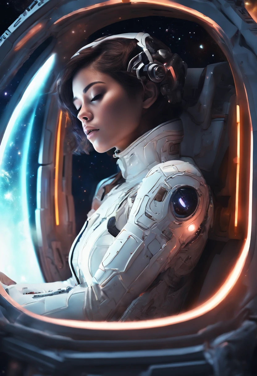 4k master piece, high detail, short brown haired girl with brown skin, wearing a white sci-fi cyberpunk full-body suit, sleeping in a sci-fi pod