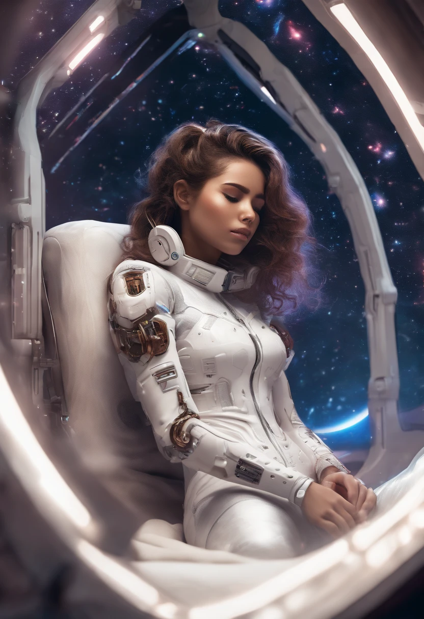 4k master piece, high detail, short brown haired girl with brown skin, wearing a white sci-fi cyberpunk full-body suit, sleeping in a sci-fi pod