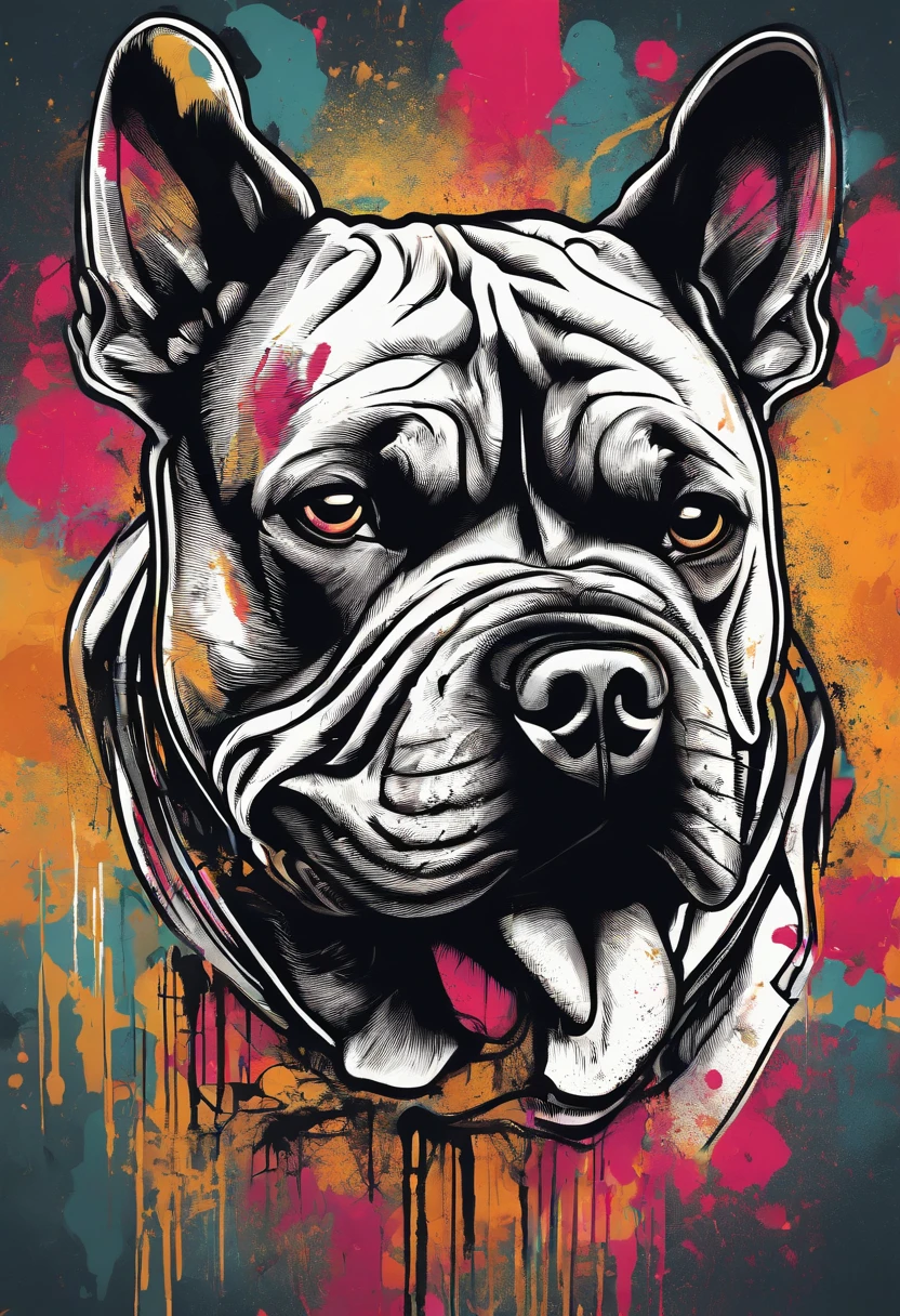 (a muscular,eccentric American bully stands),(with strong ears,with a fierce expression on his face),(in a vibrant street graffiti artwork),(with intricate details showing every muscle fiber and vein),(in a photo-realistic style),(captured in high resolution with sharp focus),(under dramatic studio lighting),(enhanced with vivid and bold colors),(showcasing the energy and intensity of the scene),(with a dark and edgy color palette),(illuminated by a dramatic spotlight),(surrounded by a chaotic urban backdrop),(featuring dynamic graffiti and colorful tags on the walls),(accentuated with subtle bokeh effect),(displaying a mix of spray paint, markers, and stencils),(creating a sense of rebellion and urban underground culture),(against a background of gritty textures and grunge elements),(emphasizing the raw and powerful nature of the subject).