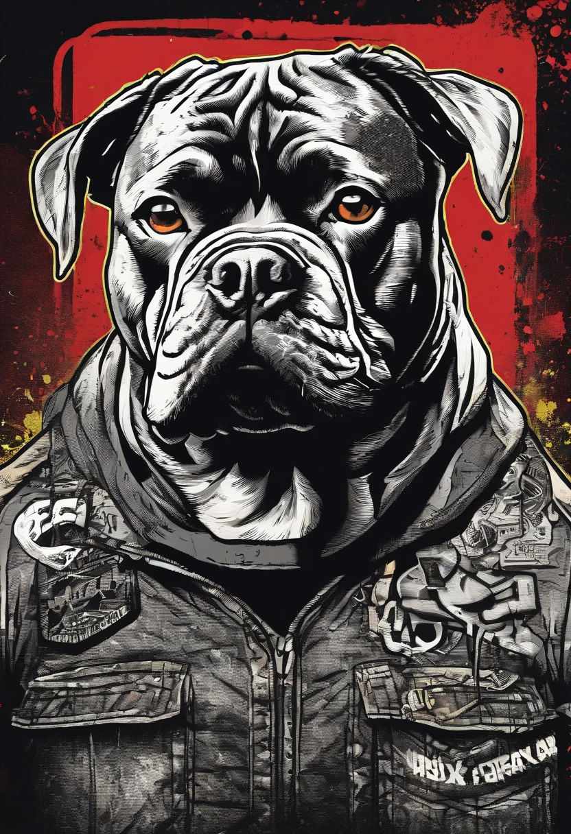 (a muscular,eccentric American bully stands),(with strong ears,with a fierce expression on his face),(in a vibrant street graffiti artwork),(with intricate details showing every muscle fiber and vein),(in a photo-realistic style),(captured in high resolution with sharp focus),(under dramatic studio lighting),(enhanced with vivid and bold colors),(showcasing the energy and intensity of the scene),(with a dark and edgy color palette),(illuminated by a dramatic spotlight),(surrounded by a chaotic urban backdrop),(featuring dynamic graffiti and colorful tags on the walls),(accentuated with subtle bokeh effect),(displaying a mix of spray paint, markers, and stencils),(creating a sense of rebellion and urban underground culture),(against a background of gritty textures and grunge elements),(emphasizing the raw and powerful nature of the subject).