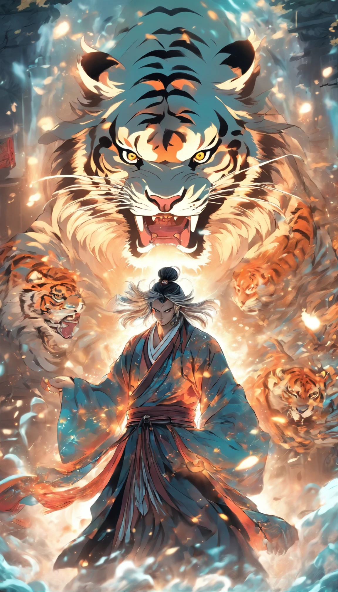 China-style，中景 the scene is，The Taoist priest stood in front of the huge roaring white tiger，Stretch your hands，Long messy hair，Glow effects，Hyper-realistic，Ultra photo realsisim，Chinese black and white ink style，Silver，Decolorization，Smudge，ink，8K，super-fine，high qulity，OC renderer