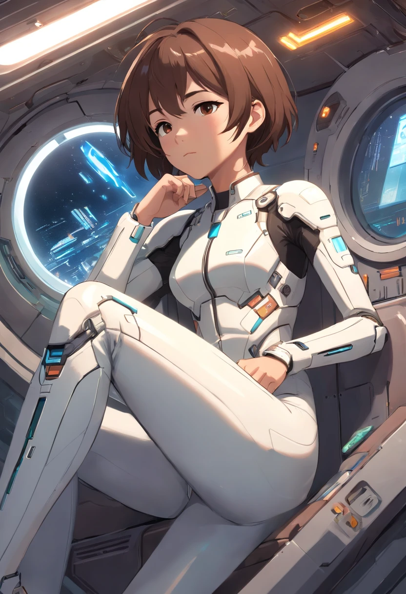 4k master piece, high detail, short brown haired girl with brown skin, wearing a white sci-fi cyberpunk full-body suit, sleeping in a sci-fi pod