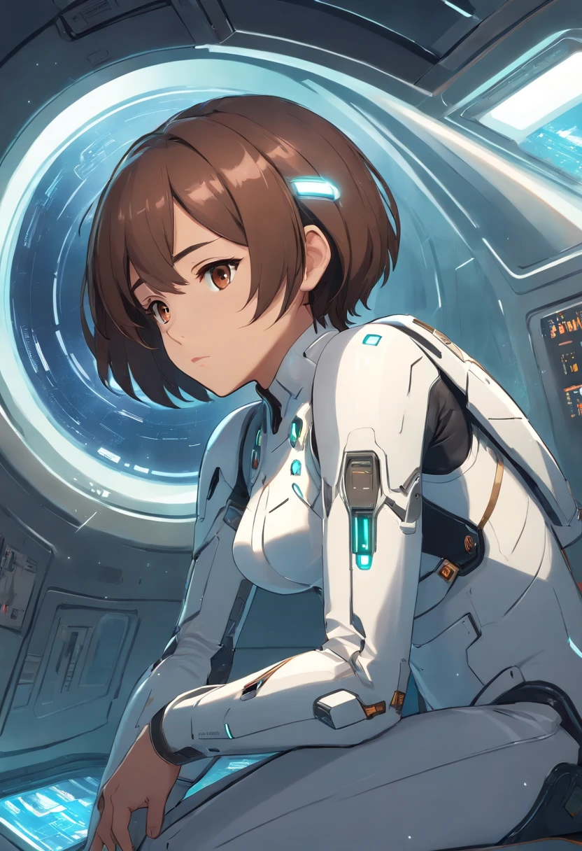 4k master piece, high detail, short brown haired girl with brown skin, wearing a white sci-fi cyberpunk full-body suit, sleeping in a sci-fi pod