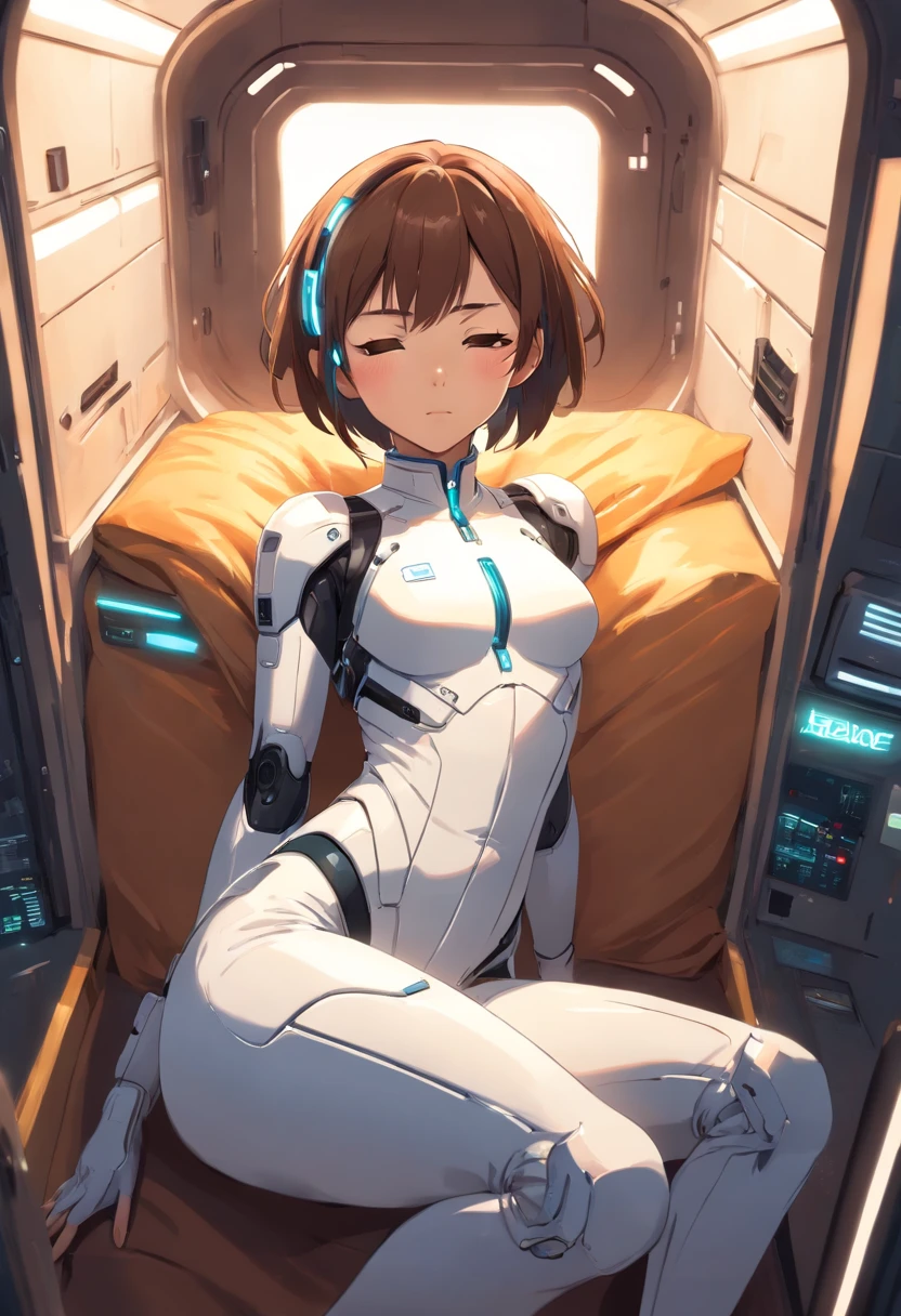4k master piece, high detail, short brown haired girl with brown skin, wearing a white sci-fi cyberpunk full-body suit, sleeping in a sci-fi pod