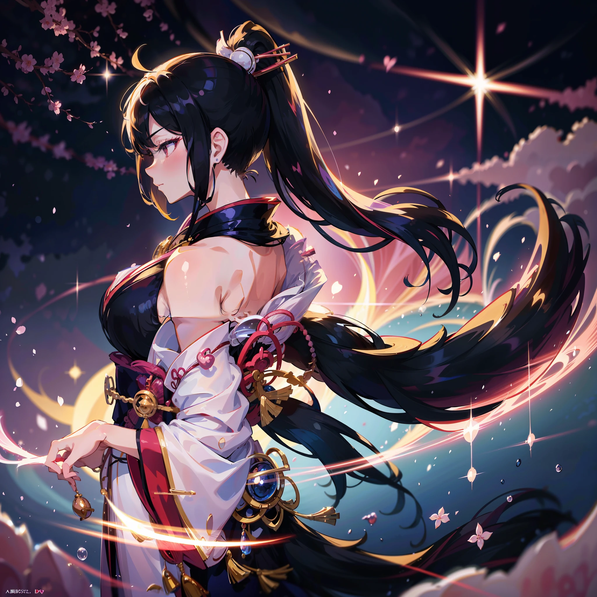 Profile Depict a woman with moon, ponytail, shiny black hair, gorgeous kimono, beautiful and elegant Japan on the background. Heart in the eye. Systemic. beautiful anime art wallpaper 8k, beautiful fantasy anime, beautiful anime, detailed anime artwork.blur background Have a sickle