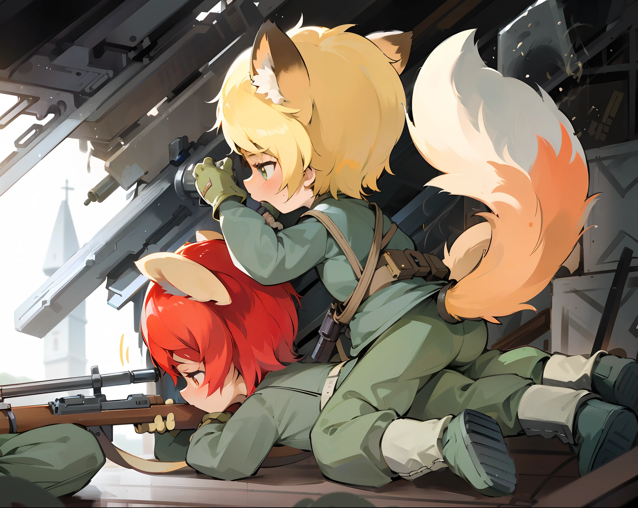 Anime style pictures of two boys with guns and foxes, furaffinity commission, fox-girl, author:New Art, cushart kenz, hamsters holding rifles, zerochan art, commission on furaffinity, author:Shitao, author:Ike no Taiga, zerochan, by Kamagurka, komono, anime machine gun fire