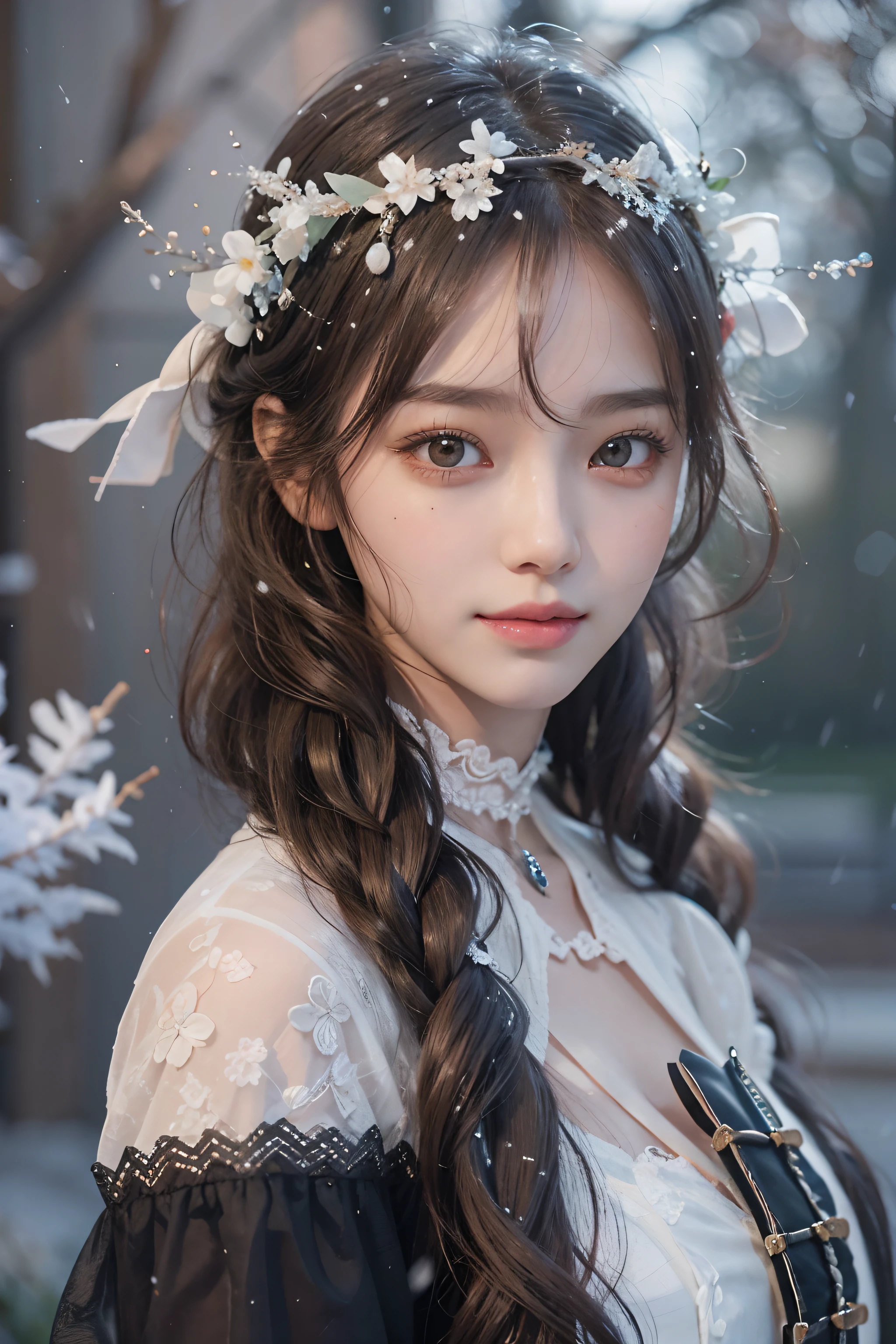 (Best Quality Detail)、realisitic、8K UHD、hight resolution、(1girl in:1.2)、(low angles)、(Knee shot)、The ultra-detailliert、High quality textures、intricate detailes、detaileds、Very detailed CG、High quality shadows、Detail Beautiful delicate face、Detail Beautiful delicate eyes、depth of fields、Ray traching、in her 20s、(Cute smile)、Pretty Kpop Girl、(Korean Urzan Face)、Slender face、(ulzzang -6500-v1.1:0.6)、pureerosface_v1、gloweyes、perfectbody、 look at viewr、(raise both arm)、(White hair color)、in her 20s、Pretty Kpop Girl、(Korean Urzan Face)、Slender face、(ulzzang -6500-v1.1:0.6)、teak、Glossy lips、Incredible dynamic range photography(UTIL_Art by Smoose-768:1.1), Natural color reproduction, (the flower crown)、(a choker)、Natural color reproduction、(Brown eyes)、(White hair), (short-cut)、(Pattsun bangs)、(bangss)、 Shiny hair、Description beautiful delicate hair、(Lustrous skin)、(long-sleeve)、corsets、long  skirt、(snowscape)、(Falling snow)、