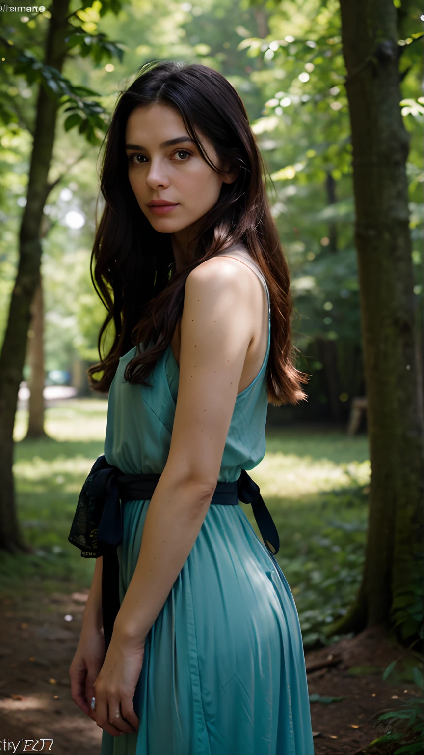 epic realistic, (dark shot:1.4), 80mm, Create a portrait of a woman with long, dark hair. She has a mysterious expression, gazing at the viewer with a slight tilt of her head. She is simply dressed, with an arm wrapped around a tree branch that also resembles a brain cell. The background features a forest of blue, impressionistic leaves, with an eerie white light shining through and a gradient shadow on the top part of the woman's face. Use a backlighting effect to add depth to the image. impressionistic painting style, john singer sarget, anders zorn, blue pallette, wider show with more background and forest, (natural skin texture, hyperrealism, soft light, sharp:1.2), soft light, sharp, exposure blend, medium shot, bokeh, (hdr:1.4), high contrast, (cinematic, teal and orange:0.85), (muted colors, dim colors, soothing tones:1.3), low saturation, (hyperdetailed:1.2), (noir:0.4), (intricate details:1.12), hdr, (intricate details, hyperdetailed:1.15), faded, (neutral colors:1.2), art, (hdr:1.5), (muted colors:1.1), (pastel:0.2), hyperdetailed, (artstation:1.4), warm lights, dramatic light, (intricate details:1.2), vignette, complex background, rutkowski,