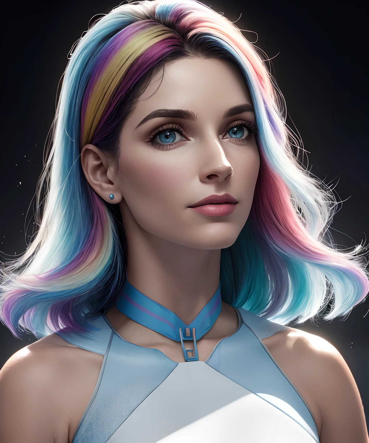 perfil de frente, cabelo branco, roupa leve, volumeric lighting, futurista, olhos multicoloridos, olhos detalhados, hiper detalhados, altamente detalhados, linda, pequenos detalhes, ultra detalhado, melhor qualidade, intrincado, hiper-realismo, clear, digital illustation, detalhado, realismo, intrincado, 4k, 8k, Trends in the Arts Station, boa anatomia, beautiful lighting, premiado, fotorrealista, sombras realistas, realistic lighting, beautiful lighting, raytracing, detalhes intrincados, mal-humorado, thirds rule, obra-prima, (illustration: 1.1), alta resolução, (CG extremamente detalhado, unidade, papel de parede 8k: 1.1), rosto bonito, rosto altamente detalhado, ultra realista, obra-prima , bokeh, extremamente detalhado, intrincado, zoomout, colorido, cores vibrantes,