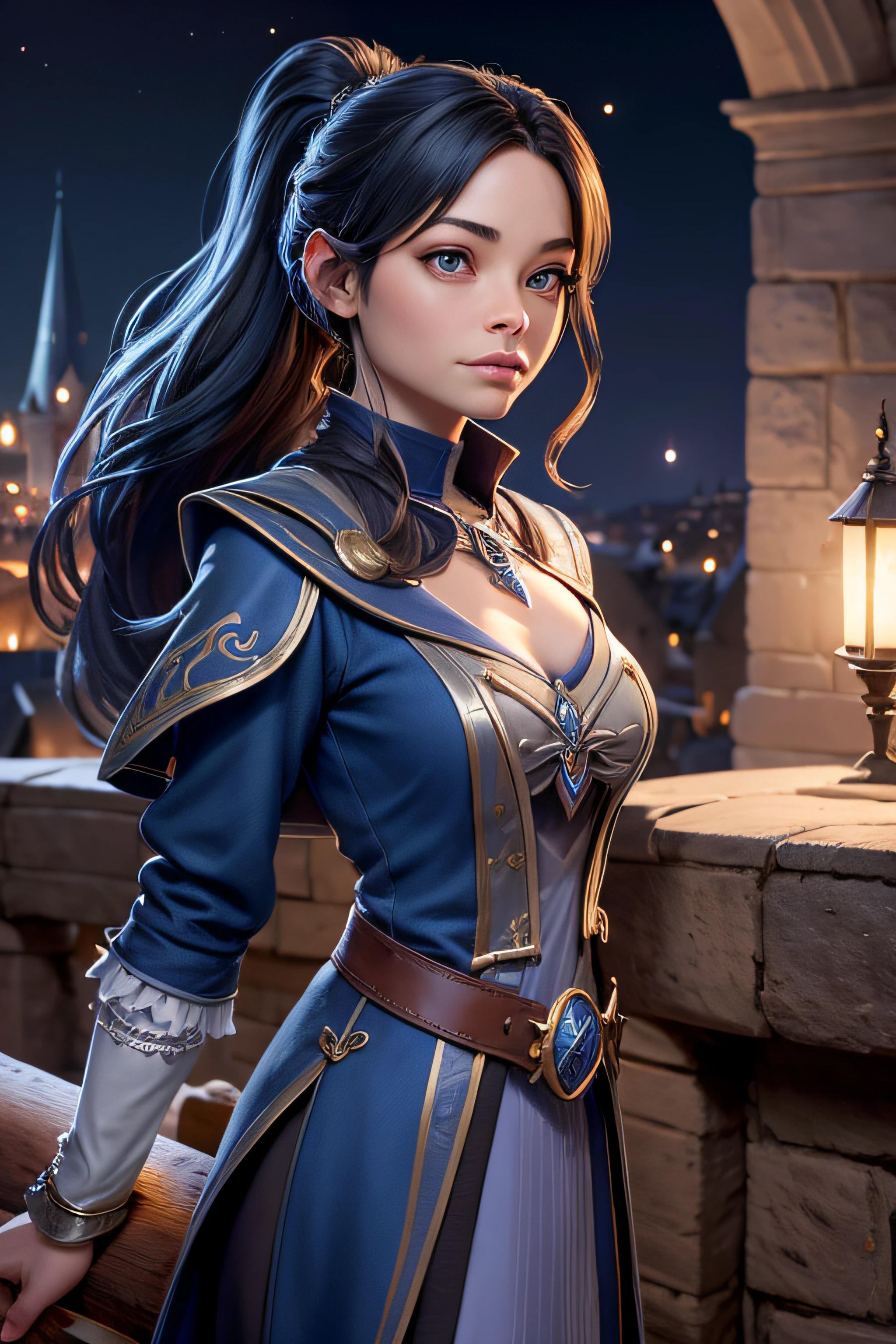 Kristin Kreuk as the Hogwarts Witch (Ravenclaw) brune avec une baguette magique en bois dans sa main droite, devant le chateau de Hogwarts. jolis yeux verts. Witch's dress in the colors of blue and silver. Elle a de longs cheveux bruns. Ponytail. Nuit de pleine lune, Medieval town in the background. Illuminated by moonlight and lamps in the city. chef d'oeuvre. golden ratio. highly detailed. plan large.