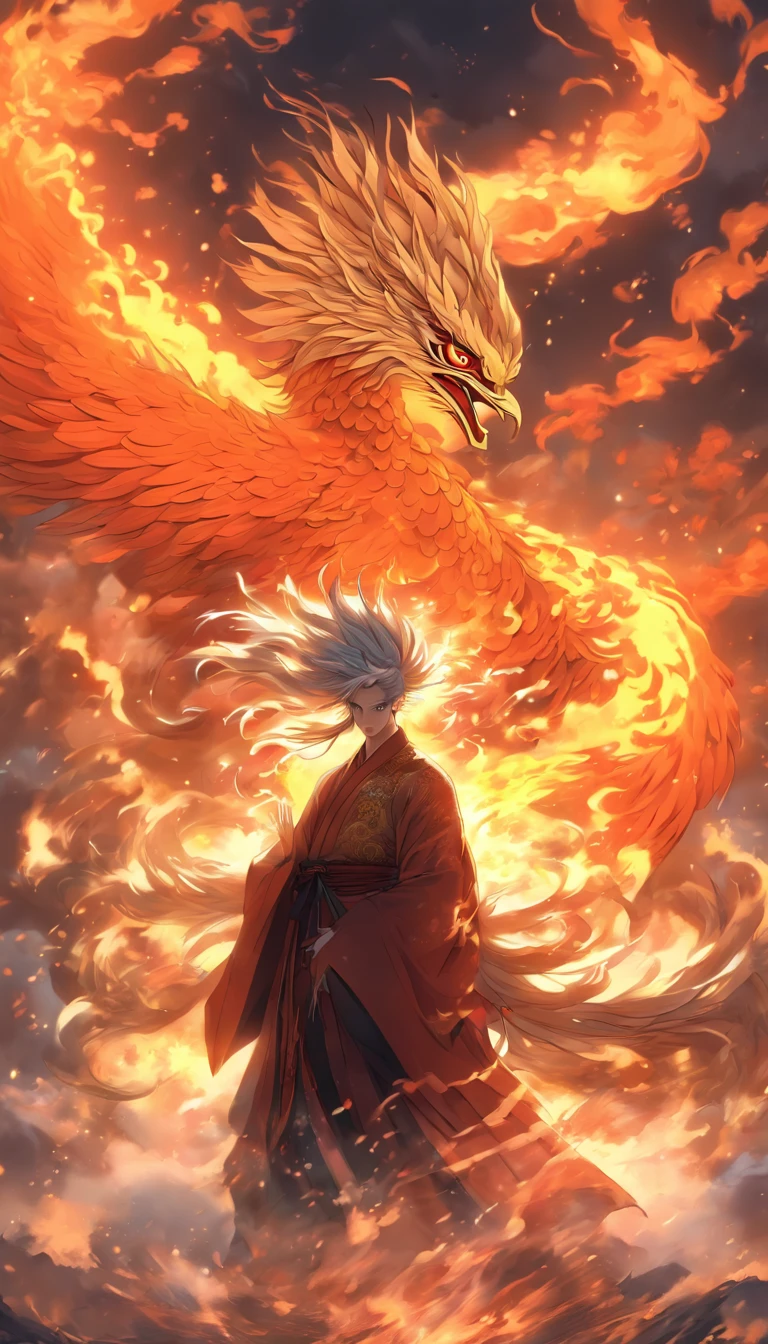 China-style,中景 the scene is,The Taoist priest stood in front of the huge winged fire phoenix,Stretch your hands,Long messy hair,Glow effects,Hyper-realistic,Ultra photo realsisim,Chinese black and white ink style,Silver,Decolorization,Smudge,ink,8K,super-fine,high qulity,OC renderer