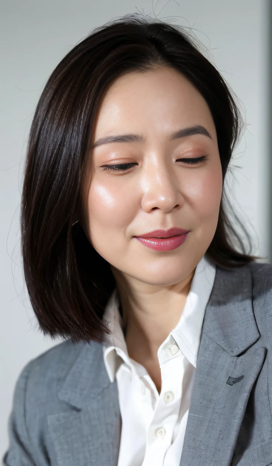 masterpiece,best quality, (1 milf), ((close up:0.5, tilt:0)), ((cross arms)), glare, gray blazer, white shirt, double eyelid, eyelash, lip gloss, (joy:0.4), ((half-close eyes:0.75, open mouth0.75)), ((Looking at the Viewer)), RAW, (from below:1), ((nobody)), office,